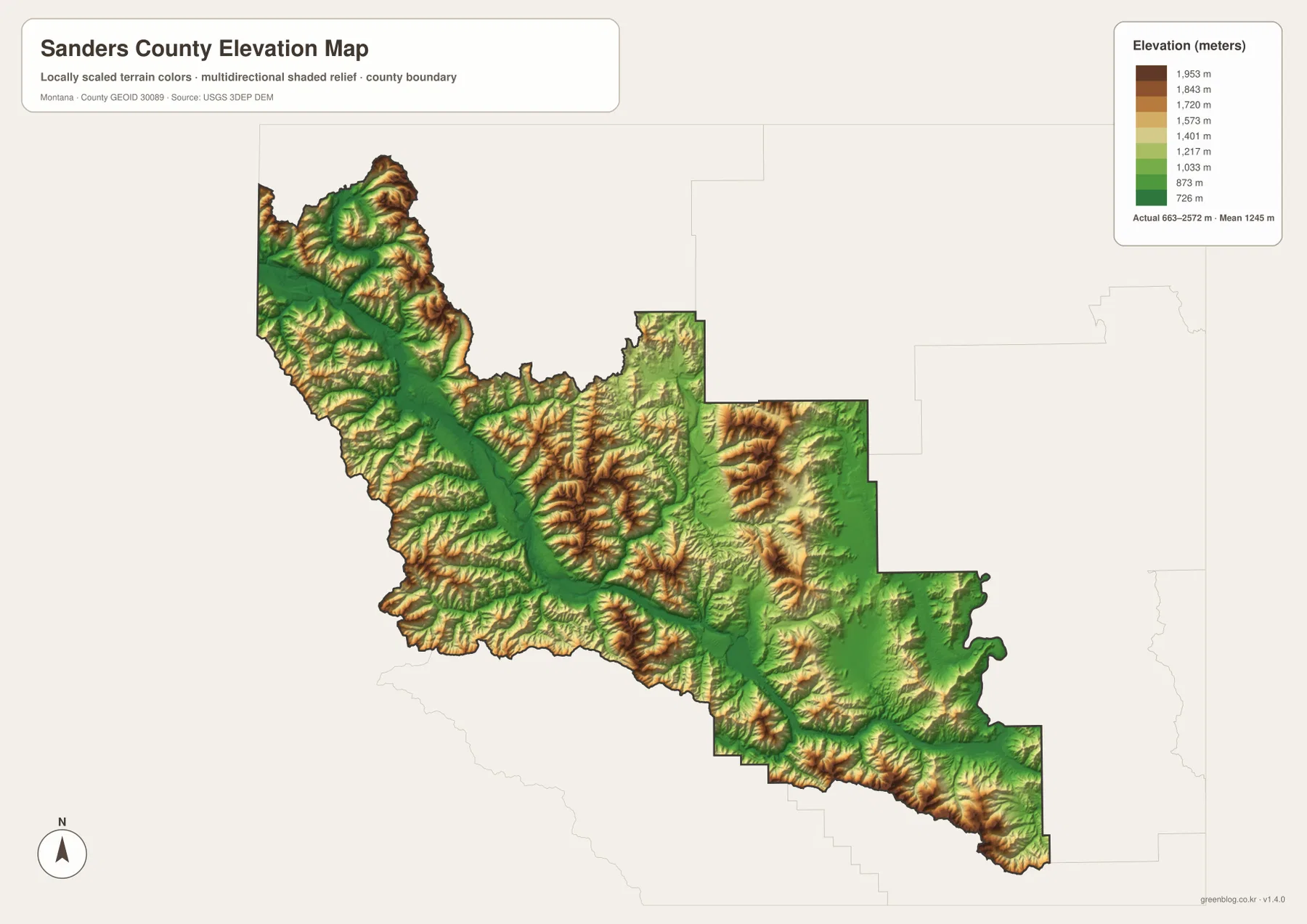 663~2572m 실제 고도 범위와 평균 1245m를 표시한 Sanders County Montana 고도 지도