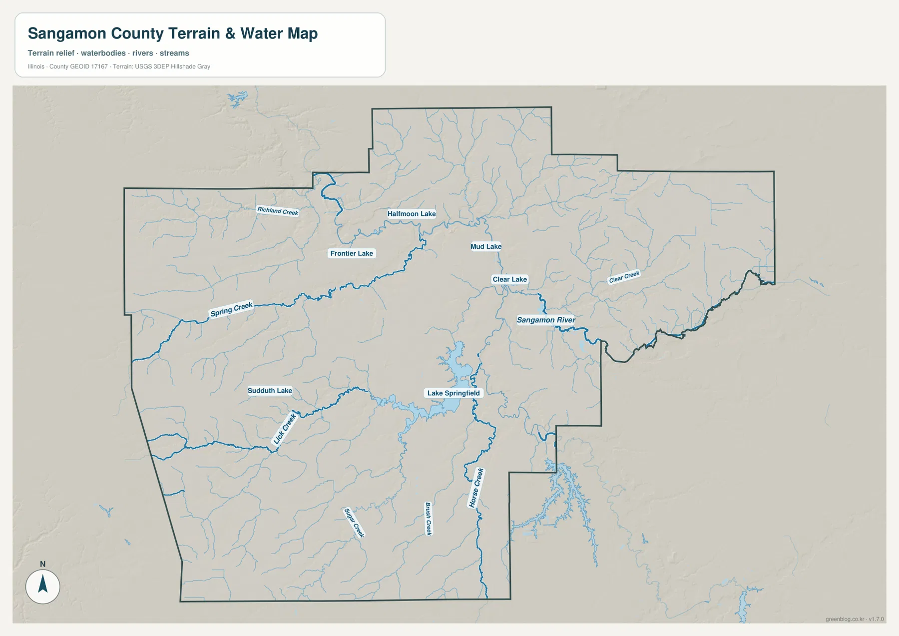 Sangamon River, Lake Springfield, Spring Creek, Richland Creek, Lick Creek, Horse Creek와 주요 호수를 보여 주는 Sangamon County 수역 지도