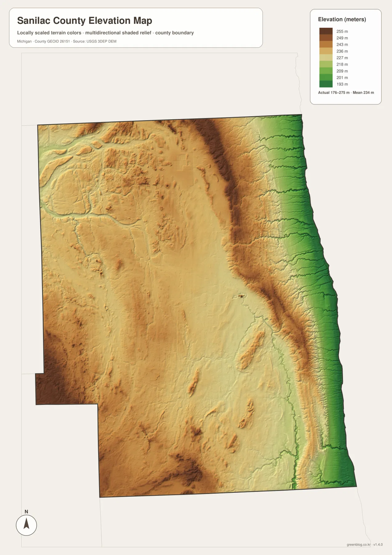 약 176m에서 275m 범위의 Sanilac County 고도와 Lake Huron 해안 저지를 보여 주는 지도