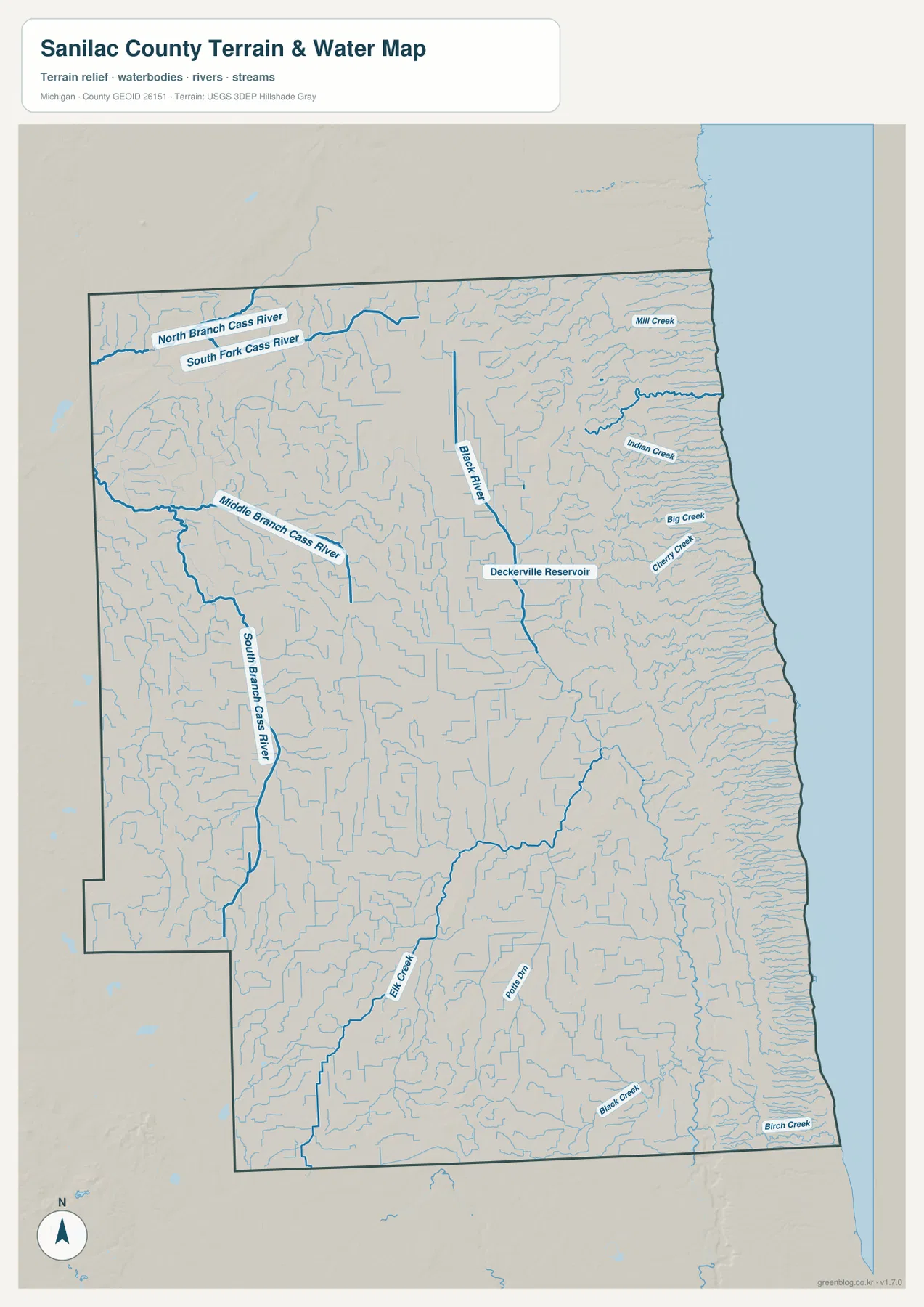 Sanilac County의 Cass River 지류, Black River, Deckerville Reservoir, Lake Huron 해안을 보여 주는 수역 지도