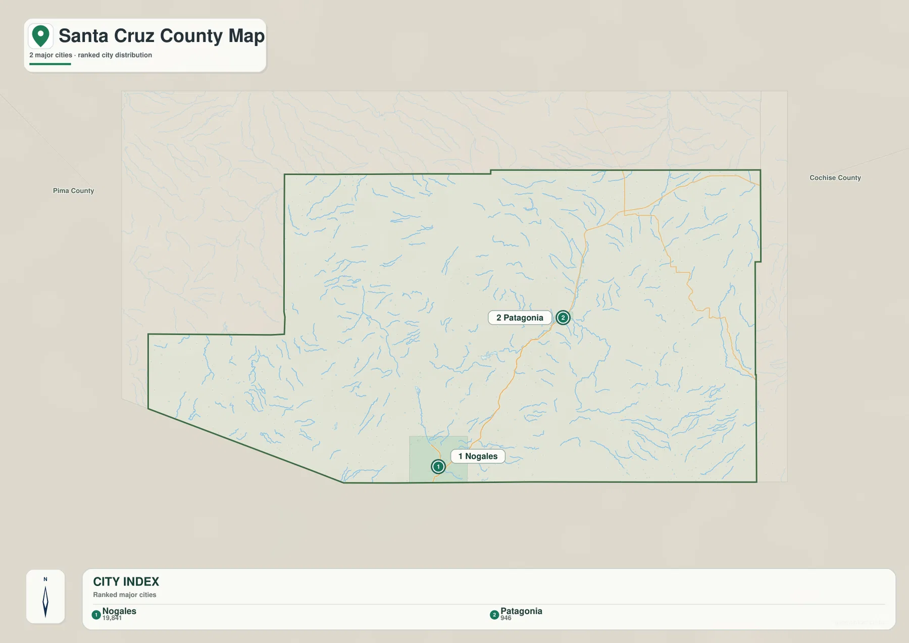 산타크루즈 카운티 도시 지도 - Nogales와 Patagonia 위치, Pima County와 Cochise County 방향