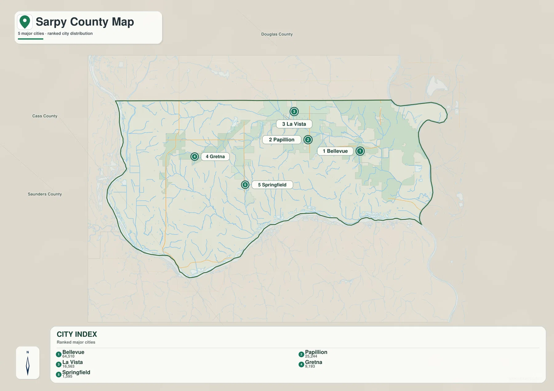Sarpy County city map showing Bellevue, Papillion, La Vista, Gretna and Springfield