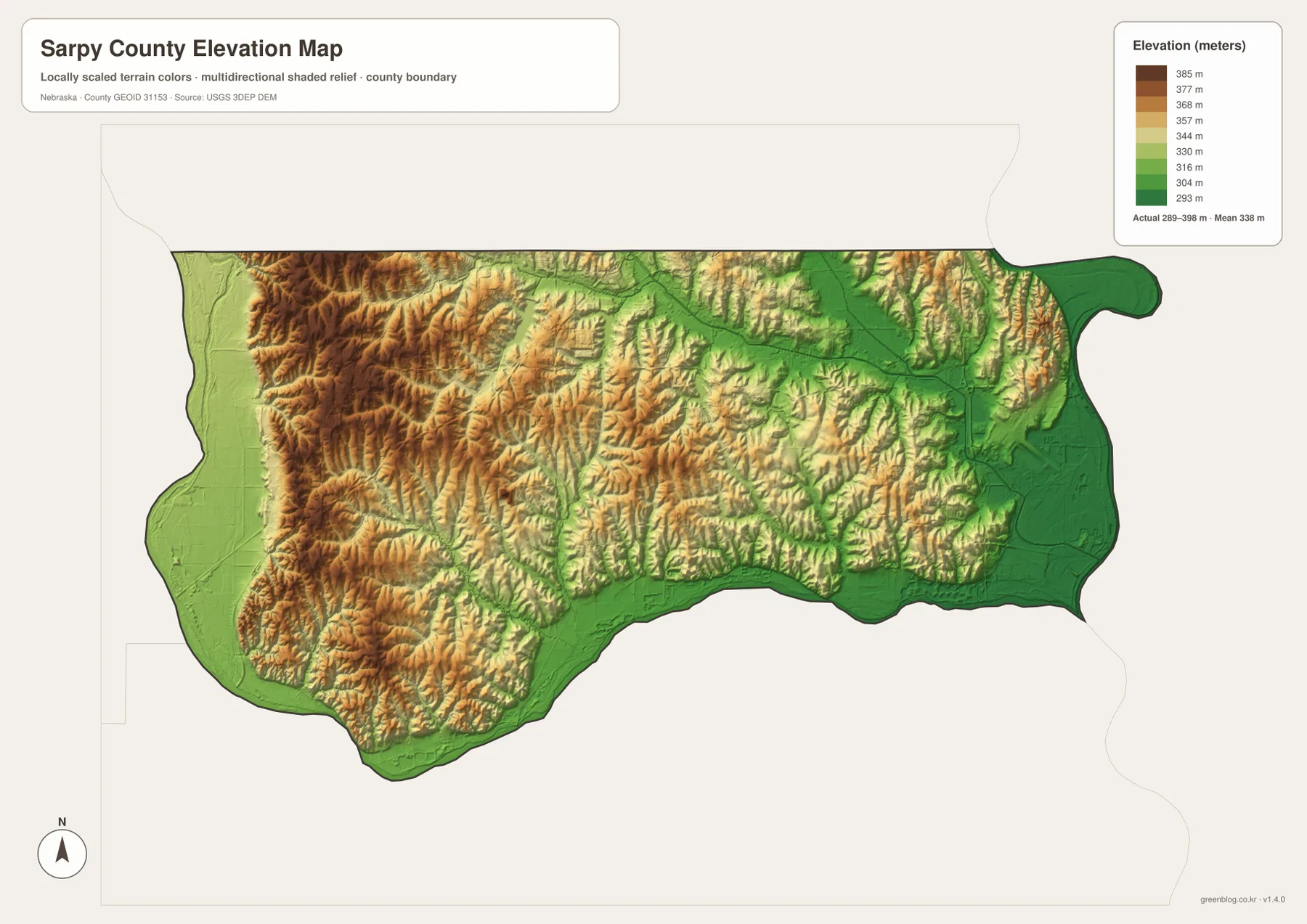 Sarpy County elevation map showing higher western hills and lower Platte and Missouri river valleys