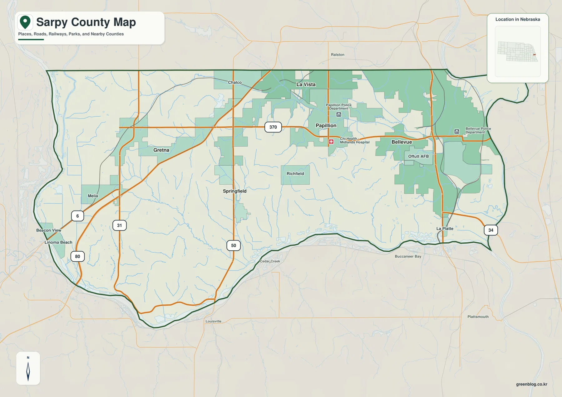 Sarpy County map showing Bellevue, Papillion, La Vista, Gretna, Springfield and major roads
