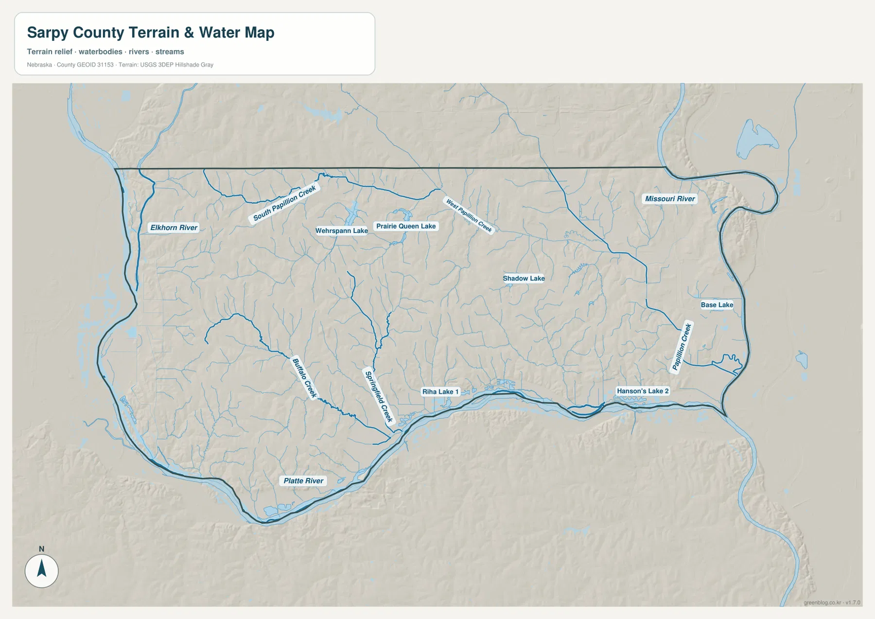 Sarpy County water map showing Platte River, Missouri River, Elkhorn River and Papillion Creek tributaries