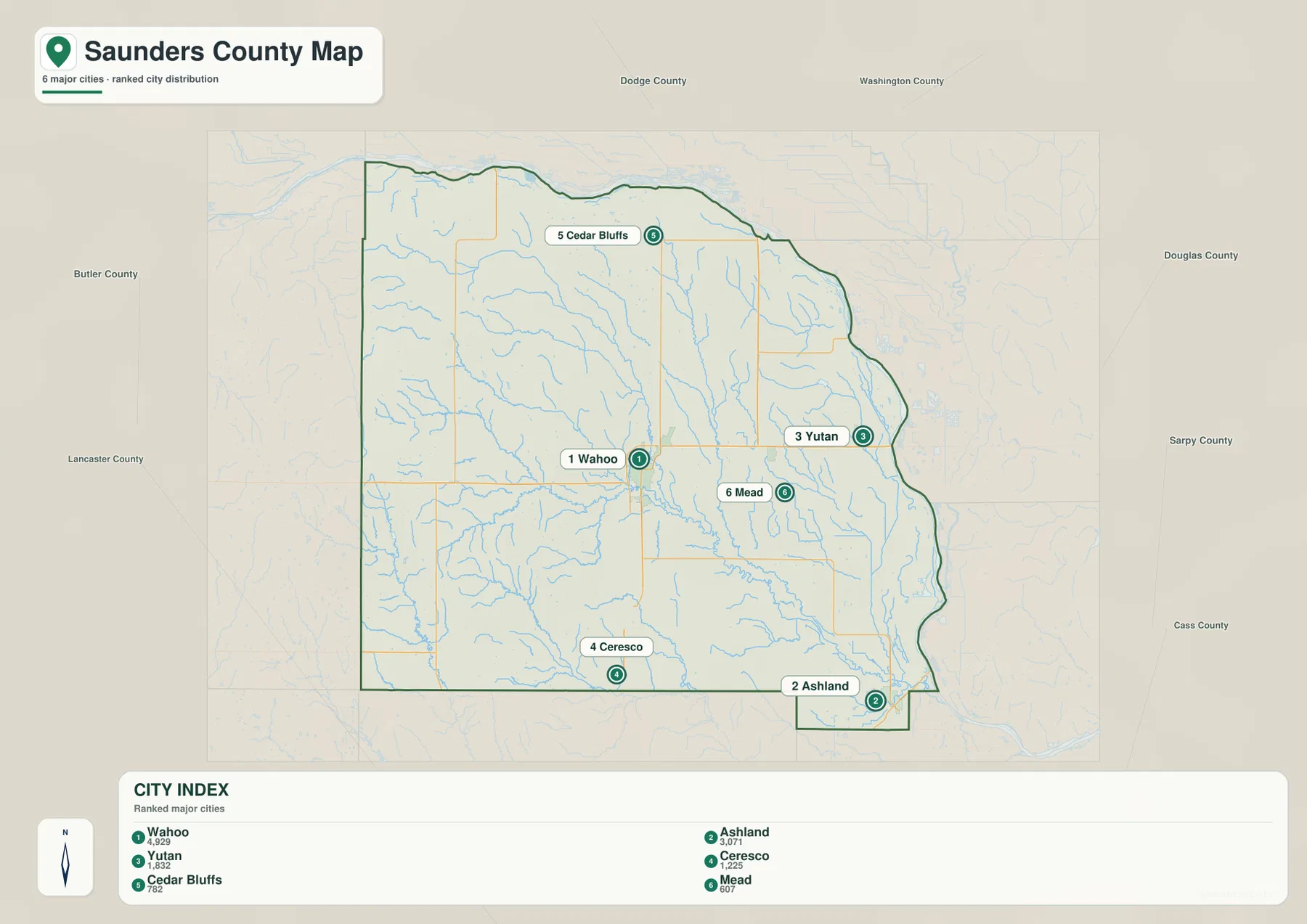 Saunders County city map showing Wahoo, Ashland, Yutan, Ceresco, Cedar Bluffs and Mead