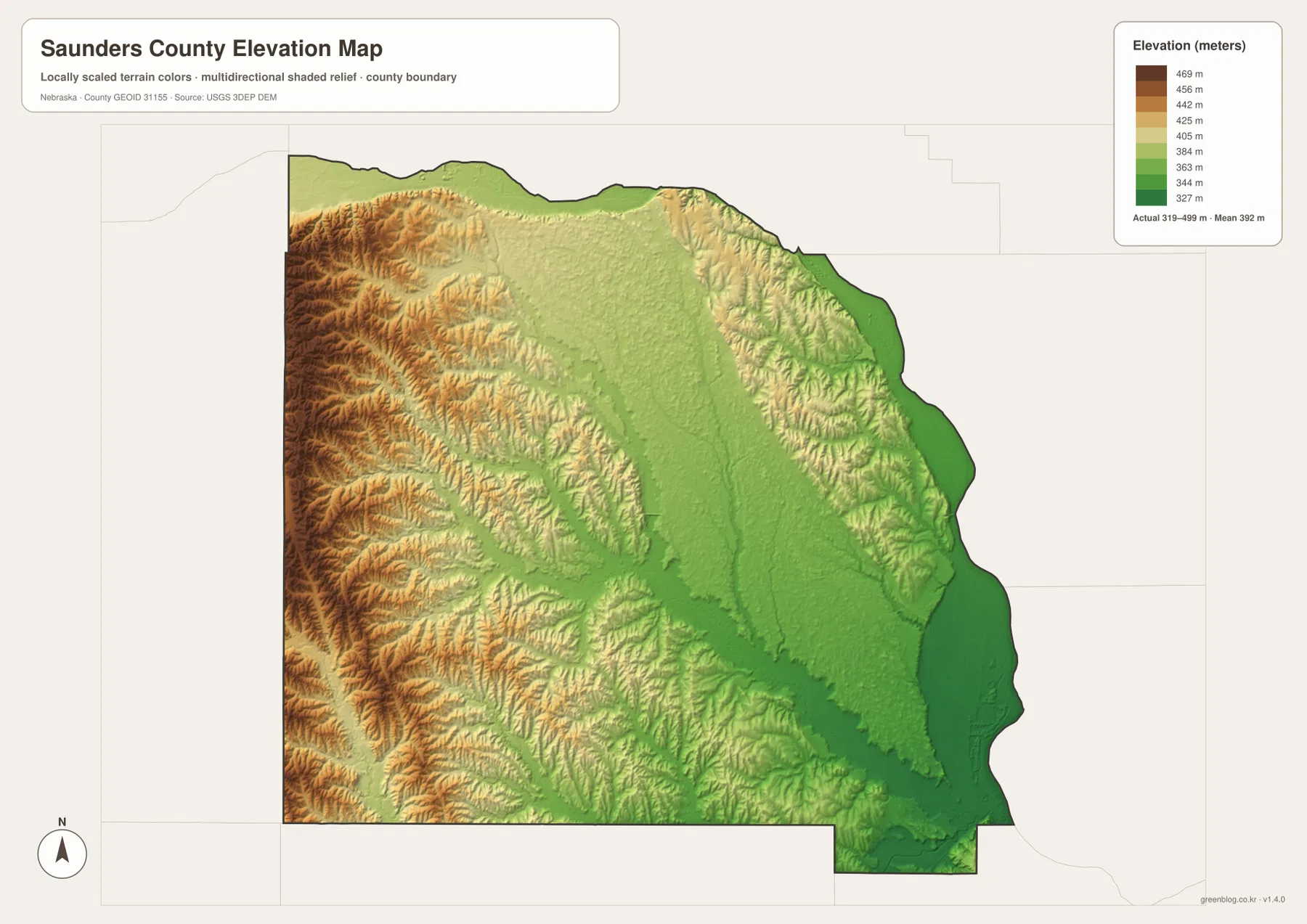 Saunders County elevation map showing higher western hills and lower Platte River terrain to the north and east