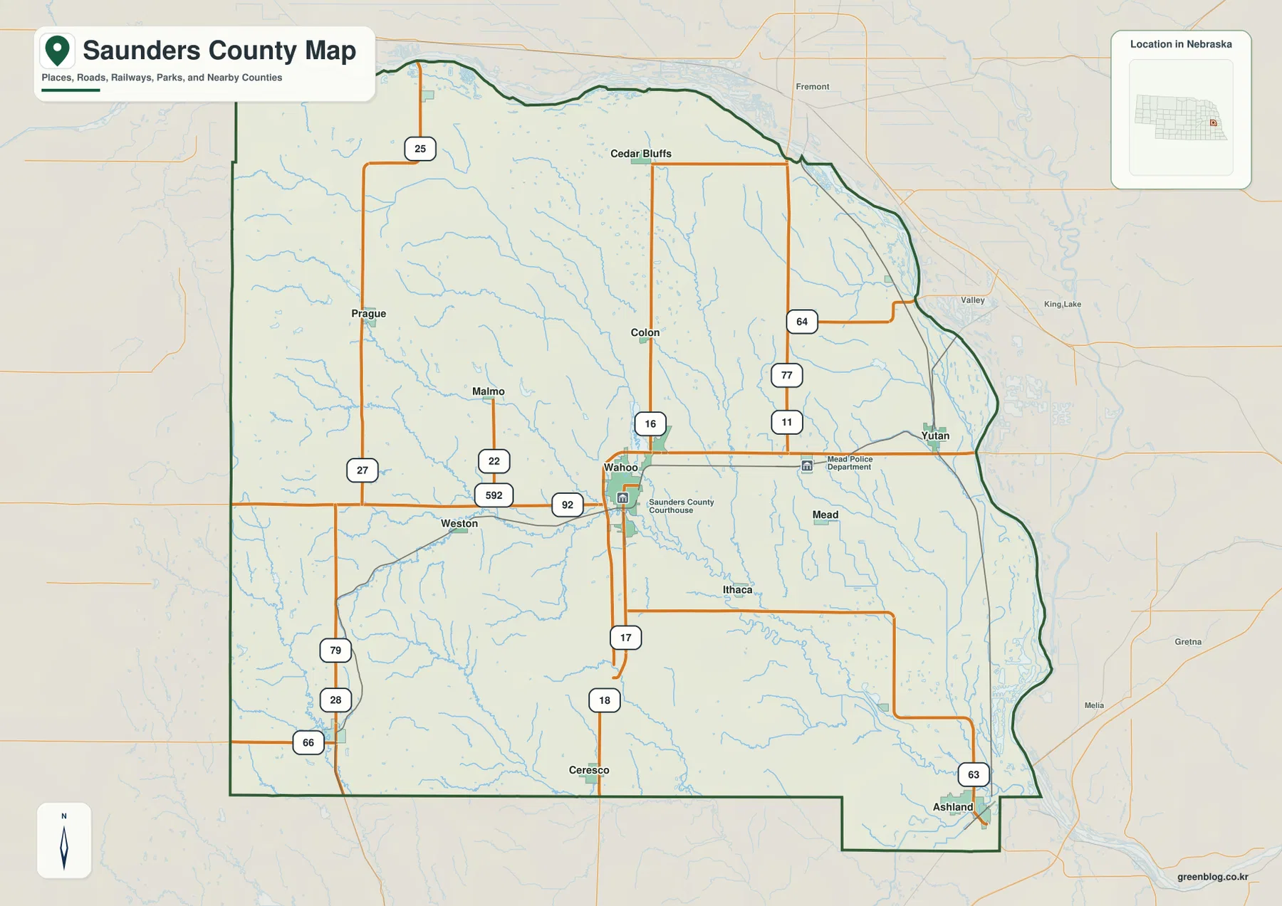 Saunders County map showing Wahoo, Ashland, Yutan, Ceresco, Cedar Bluffs and major roads