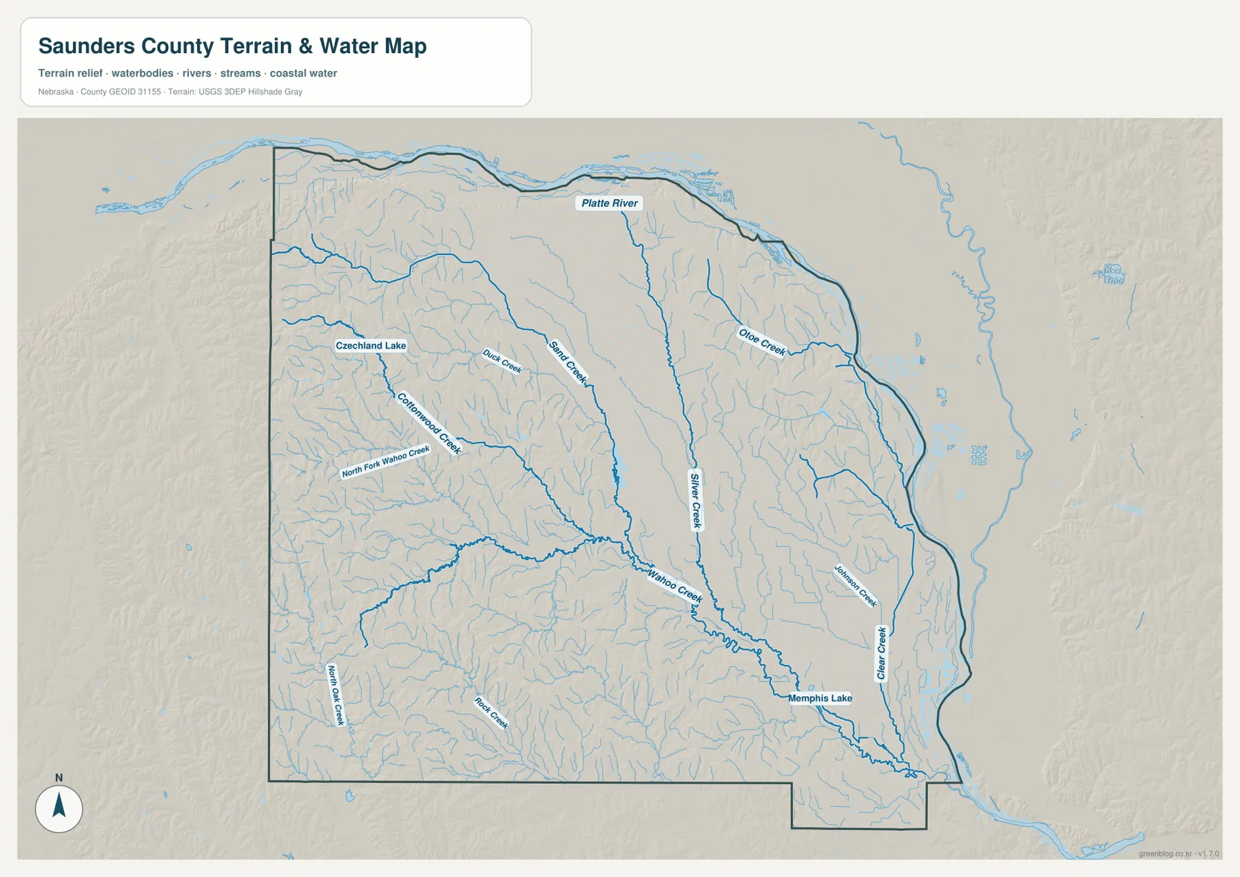 Saunders County water map showing Platte River, Wahoo Creek, Silver Creek, Otoe Creek and Clear Creek