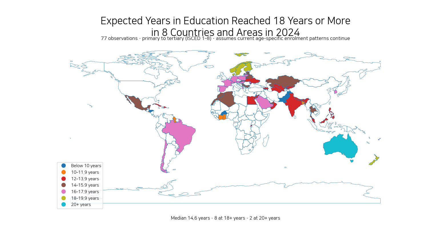 World map of school life expectancy from primary to tertiary education in 2024