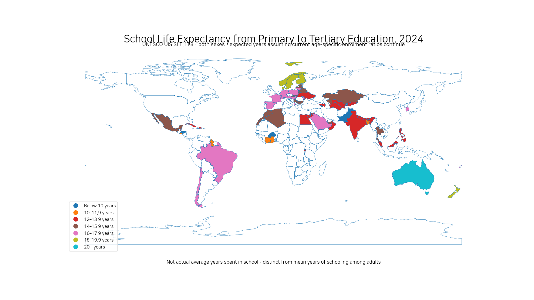World map of school life expectancy from primary to tertiary education in 2024