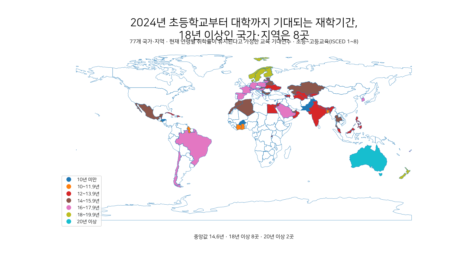 2024년 초등교육부터 고등교육까지 기대되는 재학연수를 국가별로 보여 주는 세계 지도