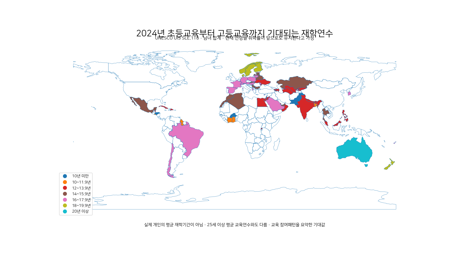 2024년 초등교육부터 고등교육까지 기대되는 재학연수를 국가별로 보여 주는 세계 지도