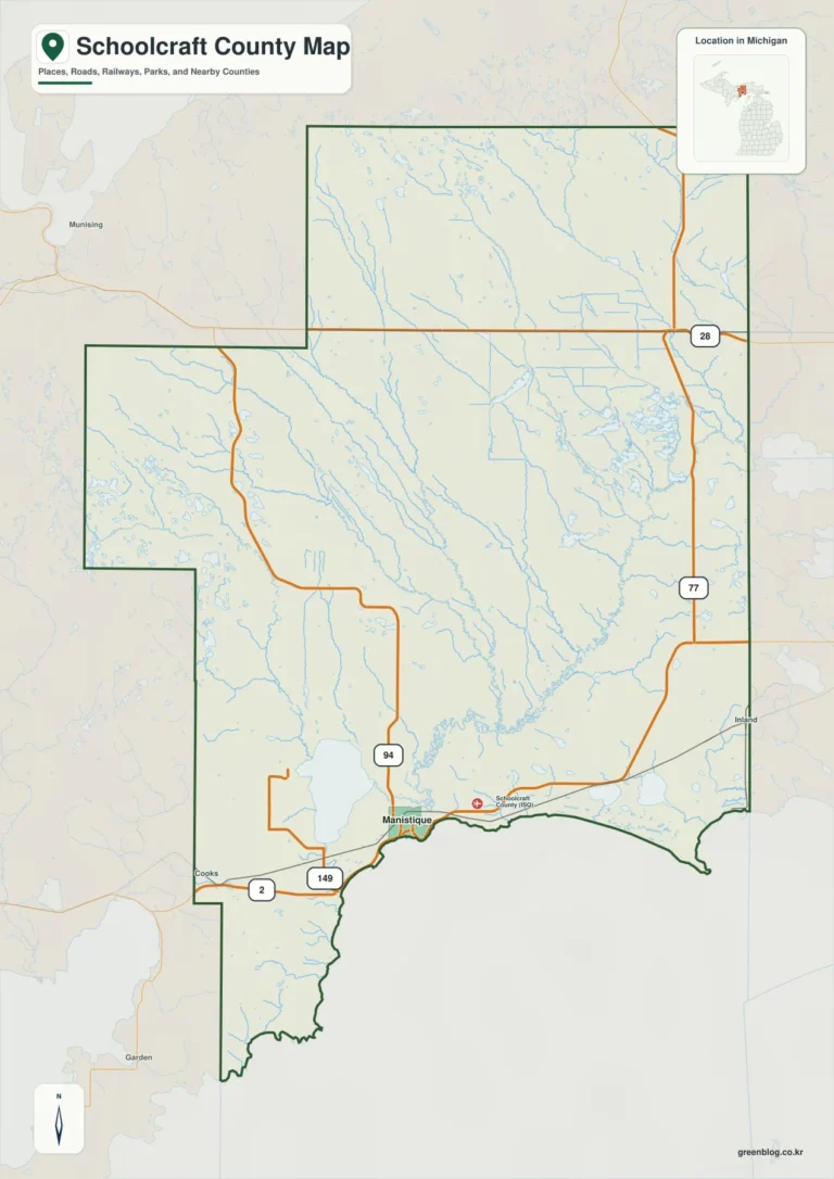 스쿨크래프트 카운티(Schoolcraft County) 지도 – Manistique·Indian Lake와 북부 고지