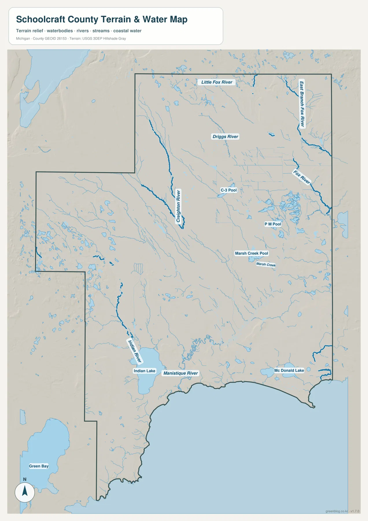 Indian Lake, Manistique River, Indian River, Fox River 계통과 여러 수역을 표시한 Schoolcraft County 수역 지도