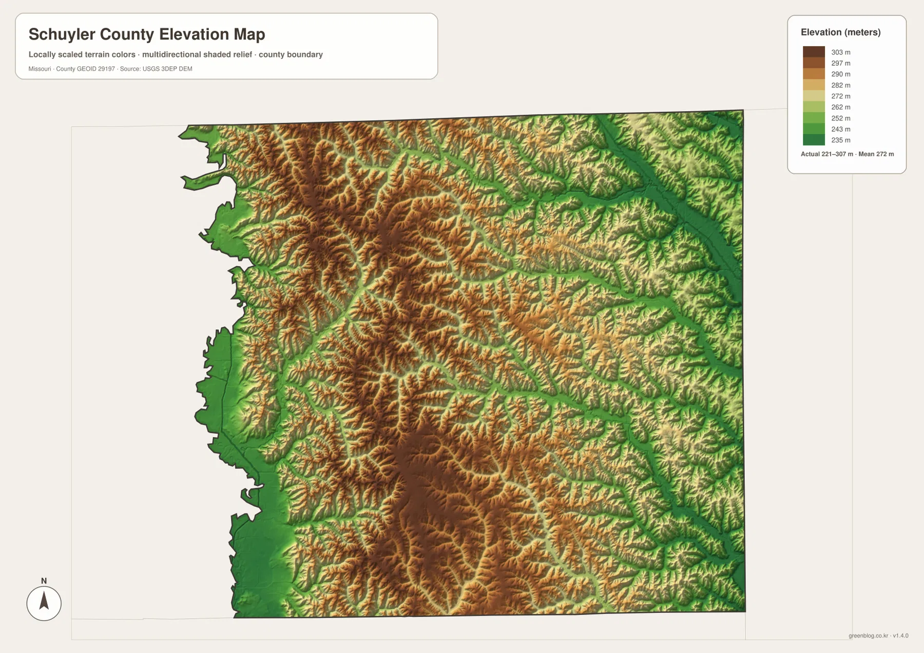 Schuyler County elevation map showing 221 to 307 meter relief, high interior ridges, and low Chariton and Fabius river valleys