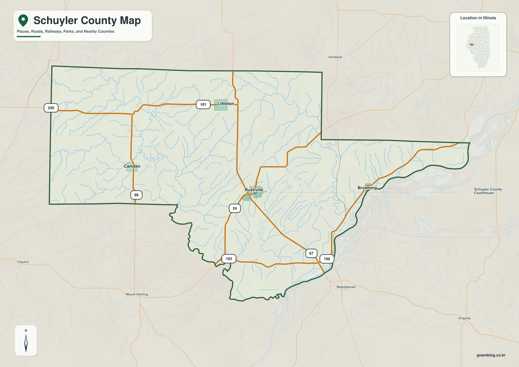Rushville, Littleton, Camden, Browning과 24·99·100·101·103·250번 도로를 보여 주는 Schuyler County 지도