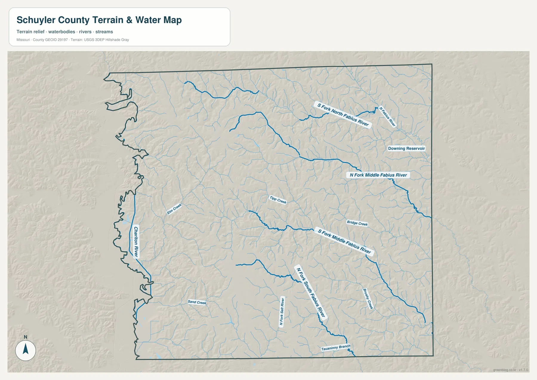 Schuyler County terrain and water map showing Chariton River, North Fork Middle Fabius River, South Fork Middle Fabius River, North Fork South Fabius River, Tippo Creek, and Downing Reservoir