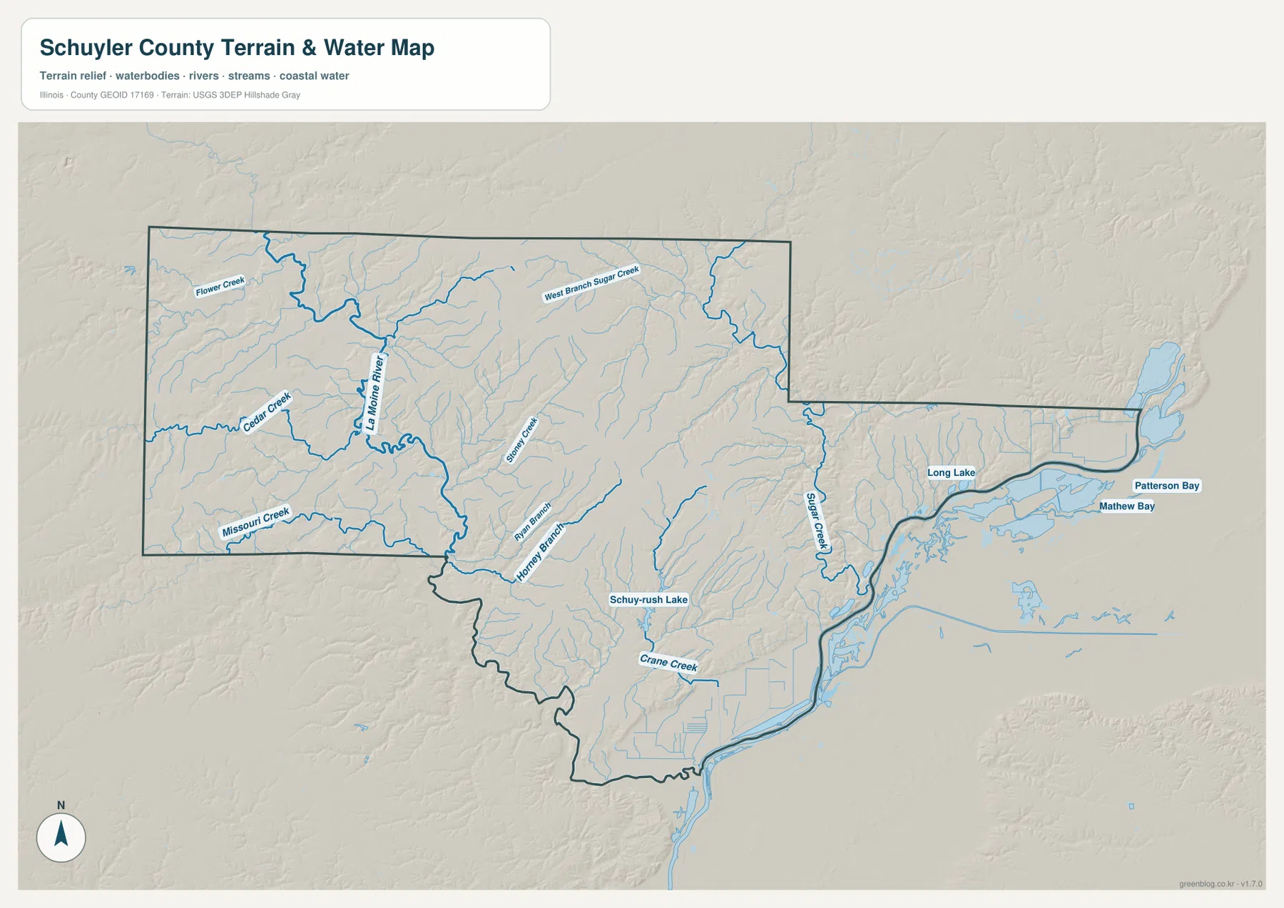 La Moine River, Cedar Creek, Sugar Creek, Schuy-Rush Lake, Long Lake, Patterson Bay, Mathew Bay를 보여 주는 Schuyler County 수역 지도