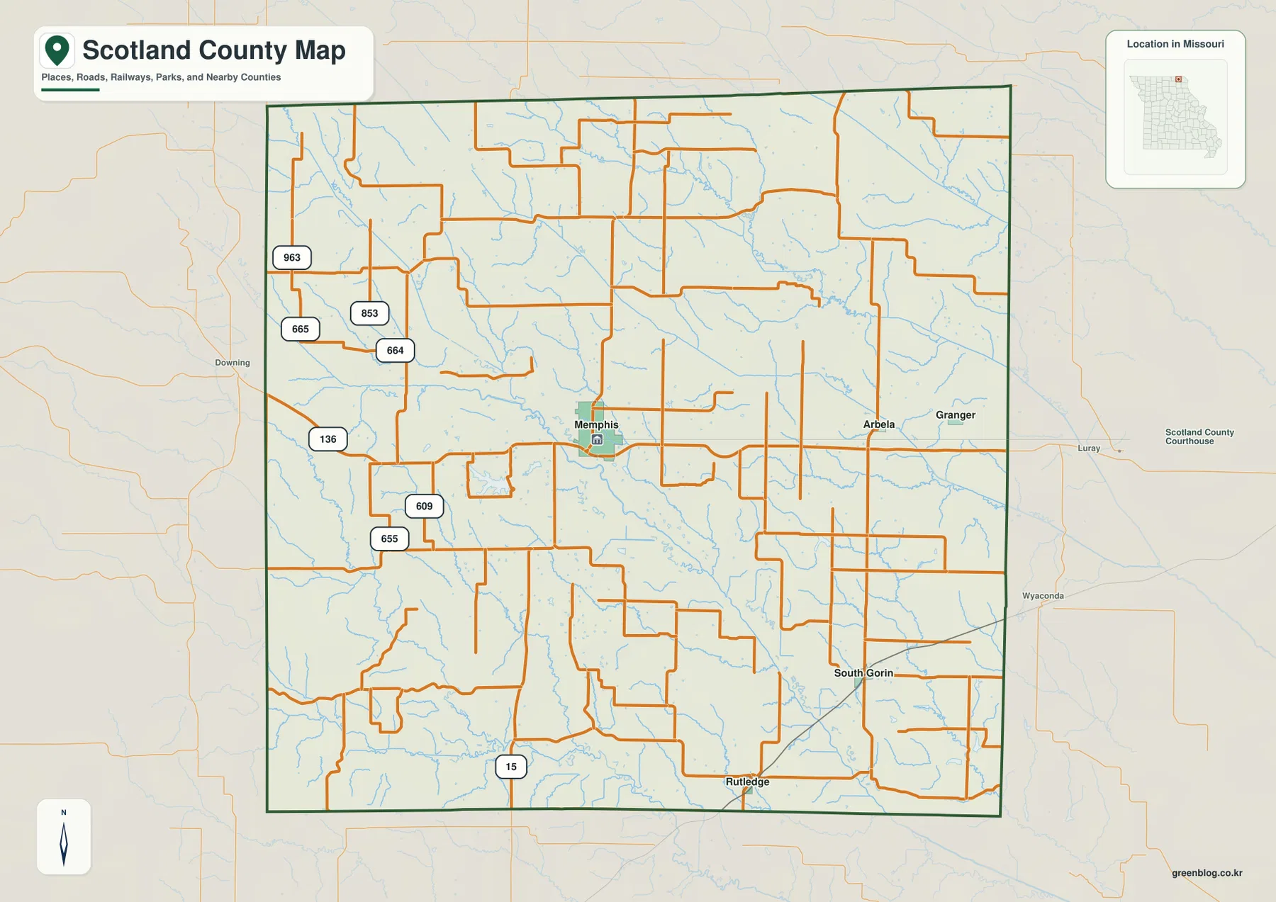 Memphis, Arbela, Granger, South Gorin, Rutledge와 U.S. 136, Route 15, 609, 655를 표시한 미주리주 Scotland County 지도