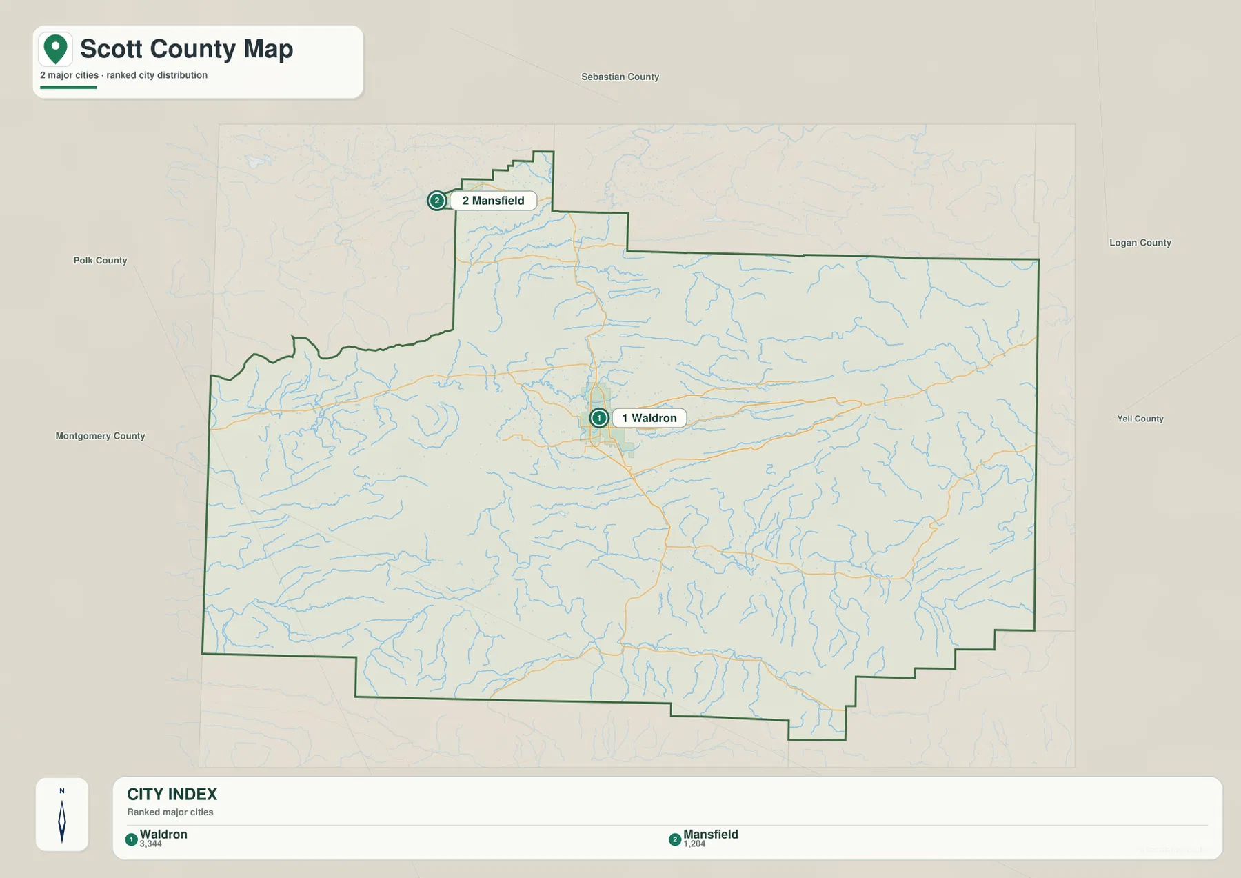 Scott County city map with Waldron ranked first and Mansfield ranked second