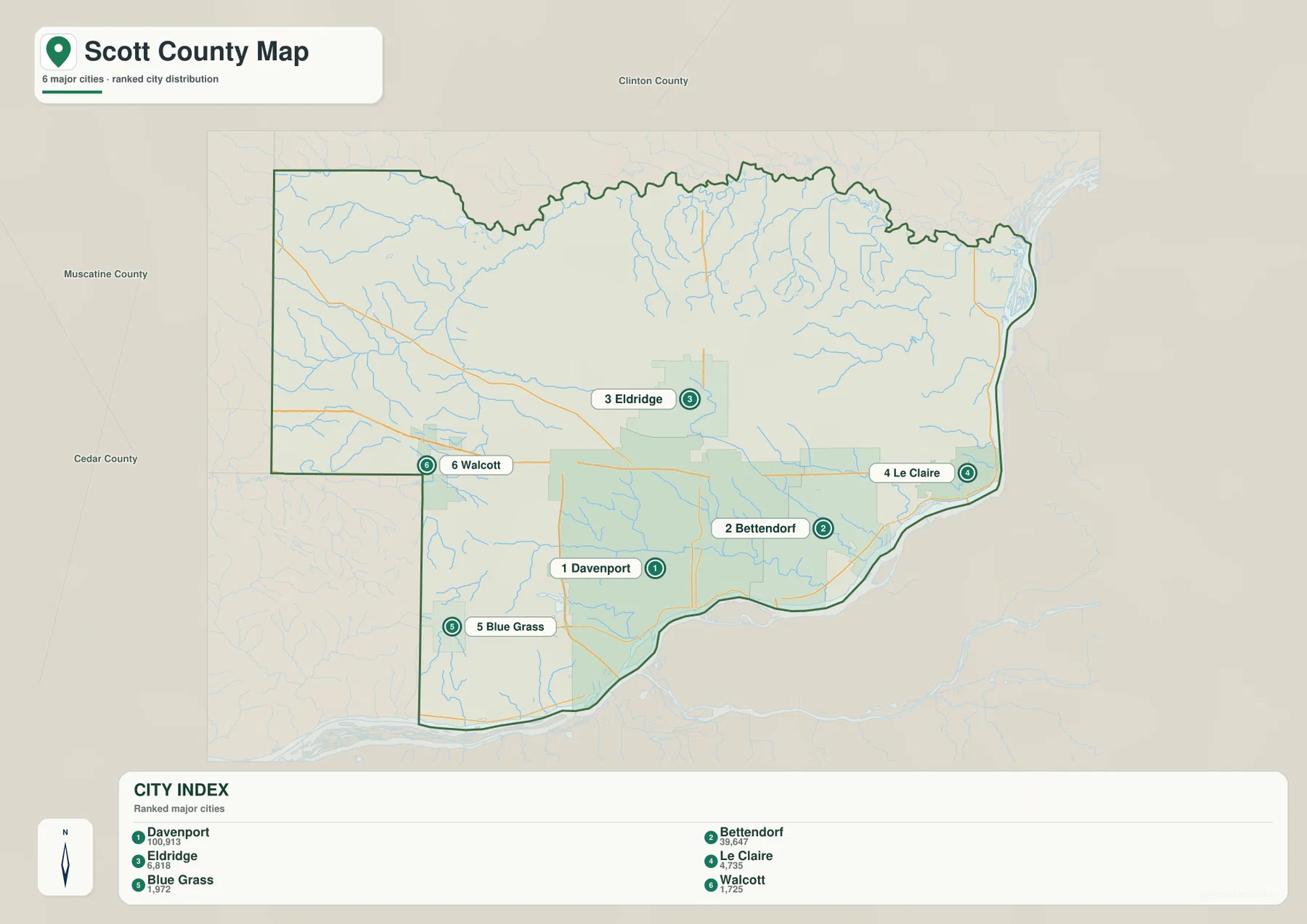 Scott County Iowa Davenport Bettendorf Eldridge Le Claire Blue Grass Walcott 도시 지도