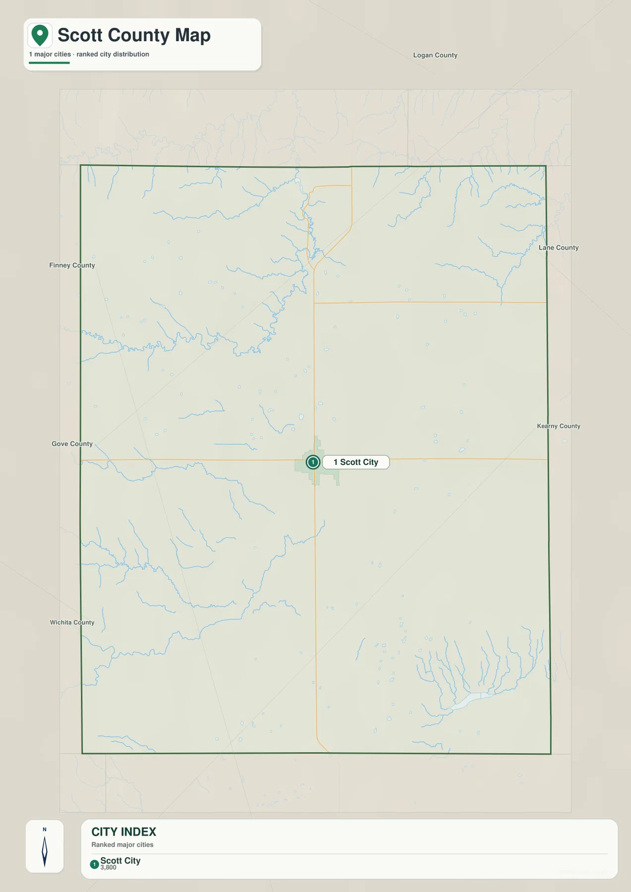 Scott County Kansas city map showing Scott City as the single ranked major city