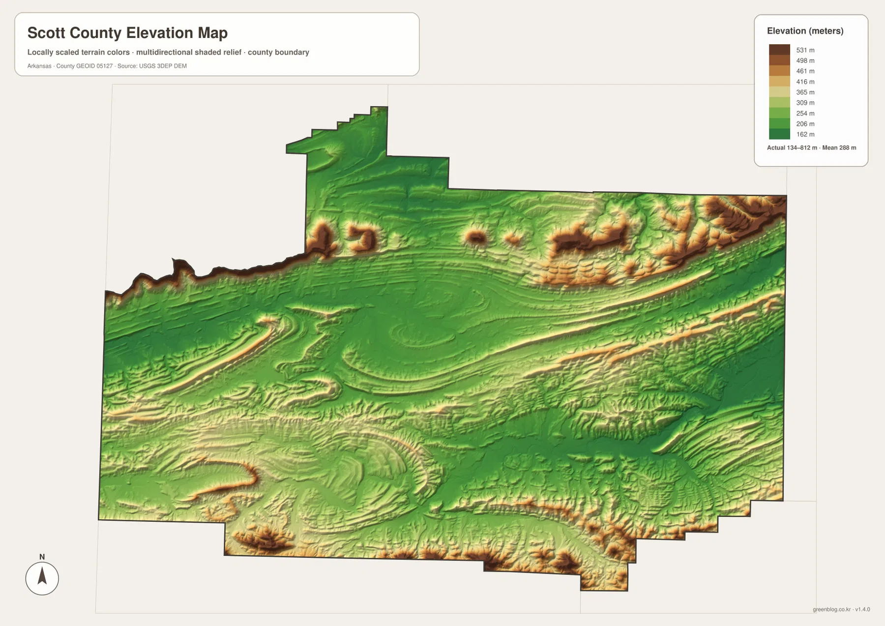 Scott County elevation map showing long Ouachita ridges and lower valleys around Waldron and the Poteau River