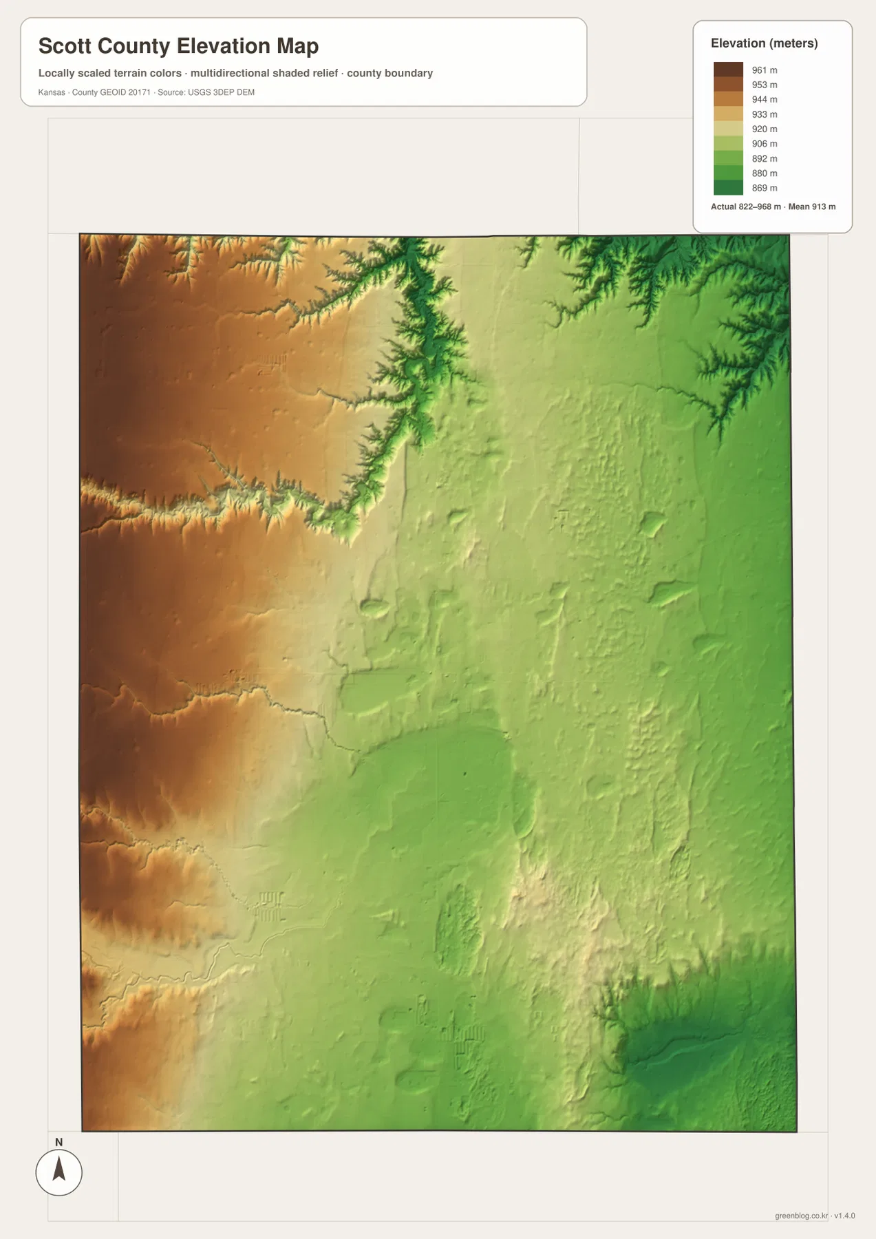 Scott County Kansas elevation map showing 822 to 968 meter High Plains relief, high western uplands and lower eastern terrain