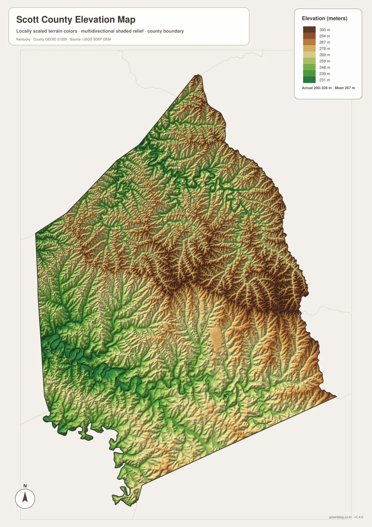Scott County Kentucky의 약 200~326m 고도 범위와 낮은 계곡, 높은 구릉을 표시한 고도 지도