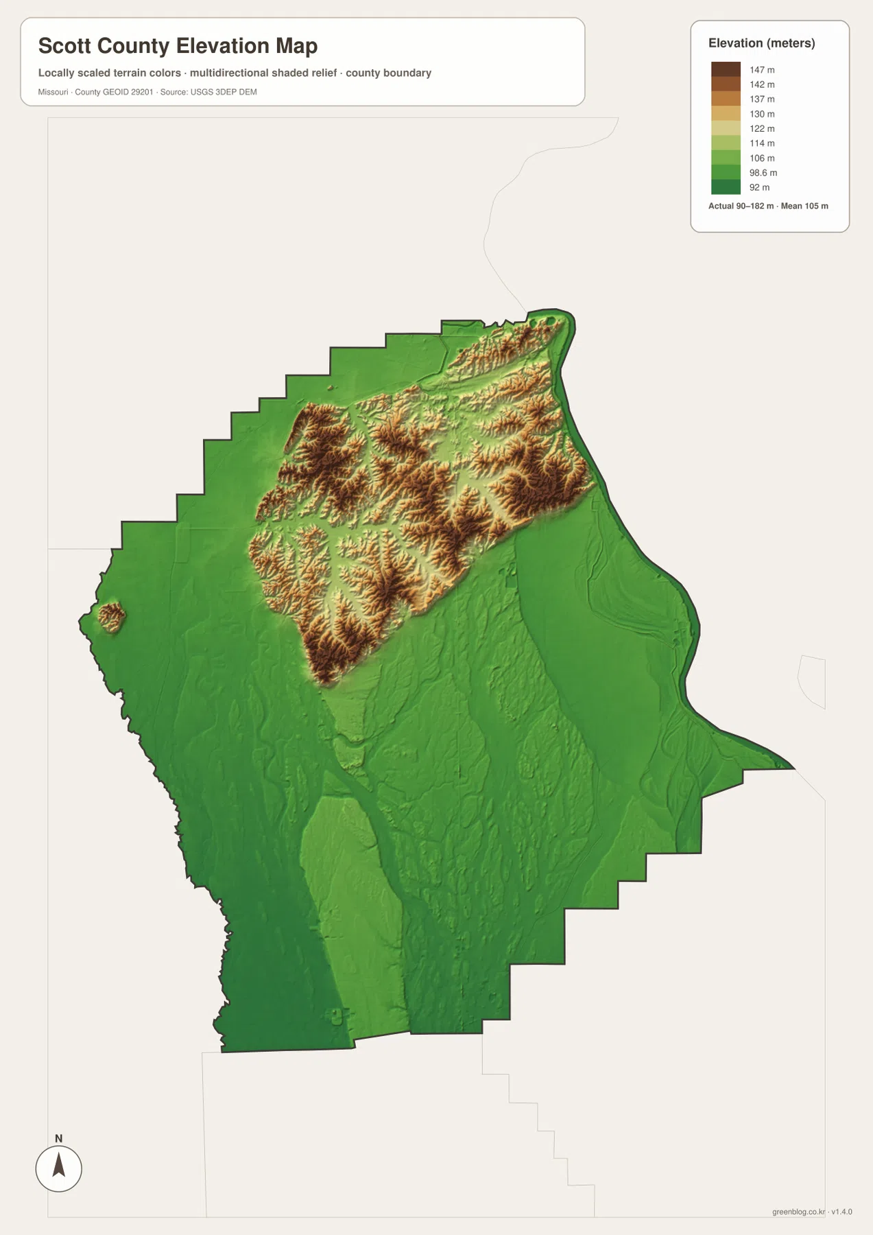 Scott County elevation map showing 90 to 182 meter relief, rugged northern hills, and low southern Mississippi River plain