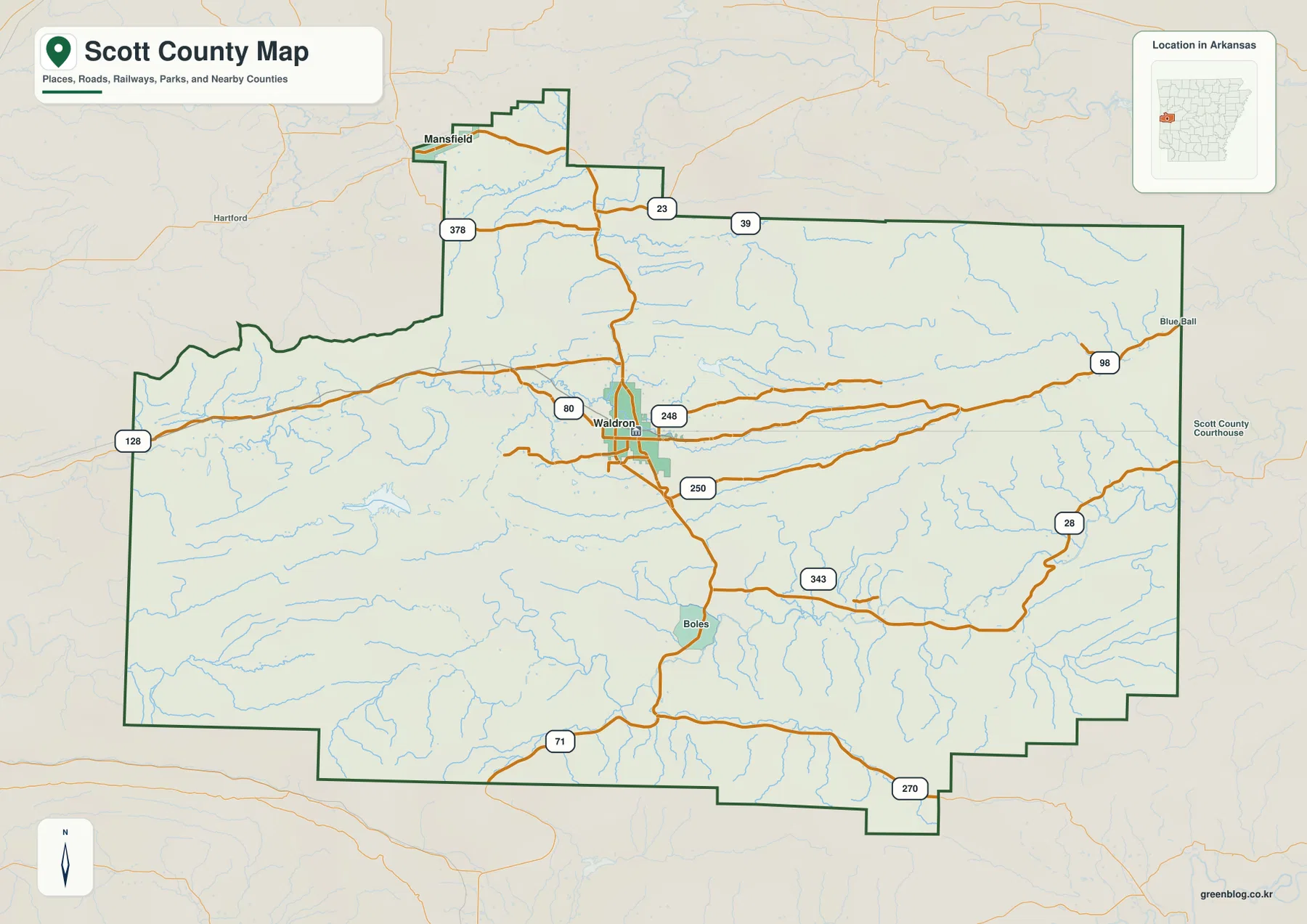Scott County Arkansas map showing Waldron, Mansfield, Boles, major roads and county boundaries