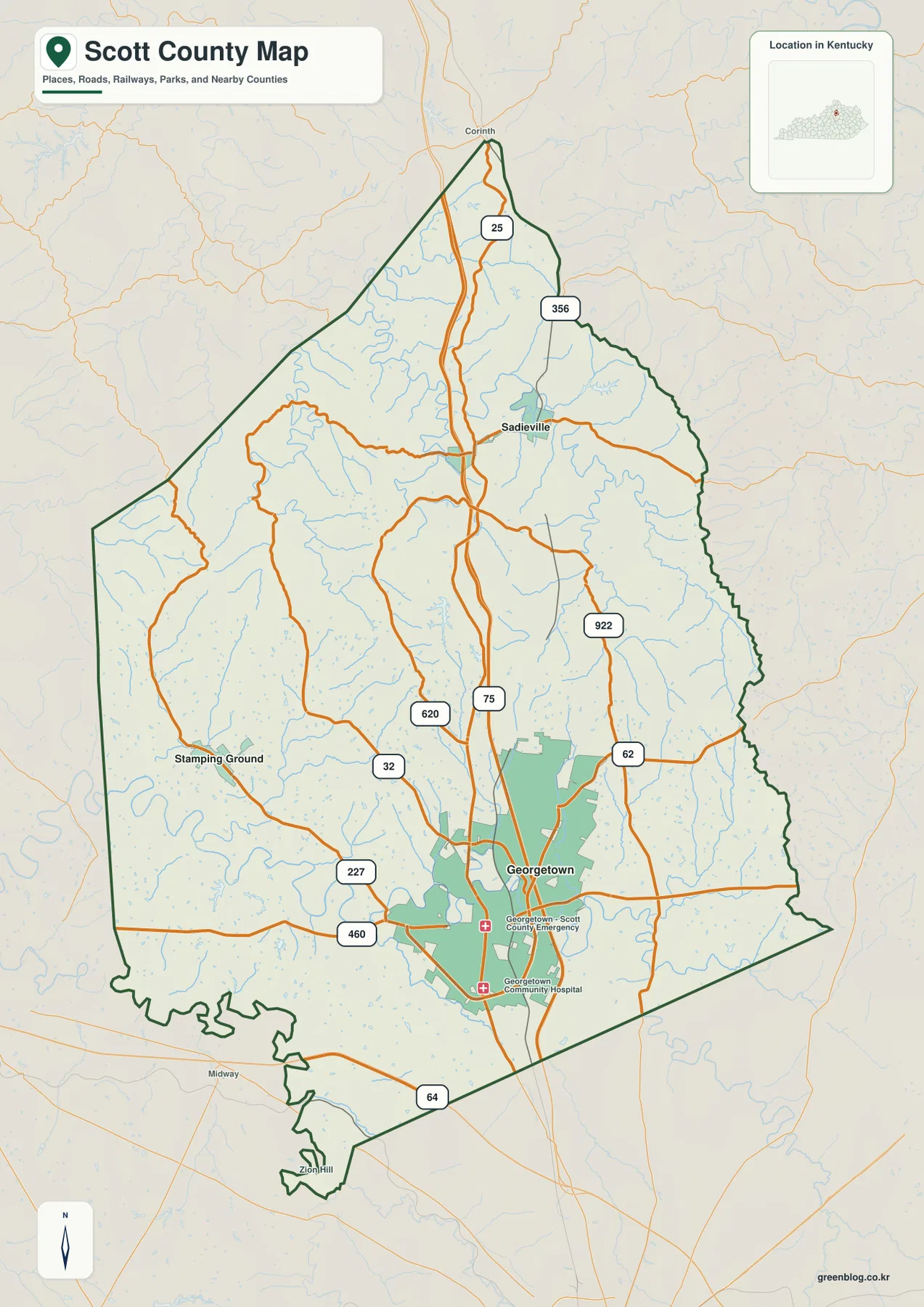 Scott County Kentucky의 Georgetown, Stamping Ground, Sadieville와 주요 도로 및 카운티 경계를 표시한 지도