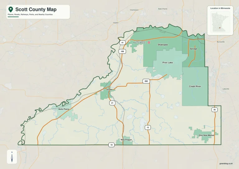 미네소타주 스콧 카운티(Scott County) 지도 – Shakopee와 Minnesota River, Prior Lake 호수 지대
