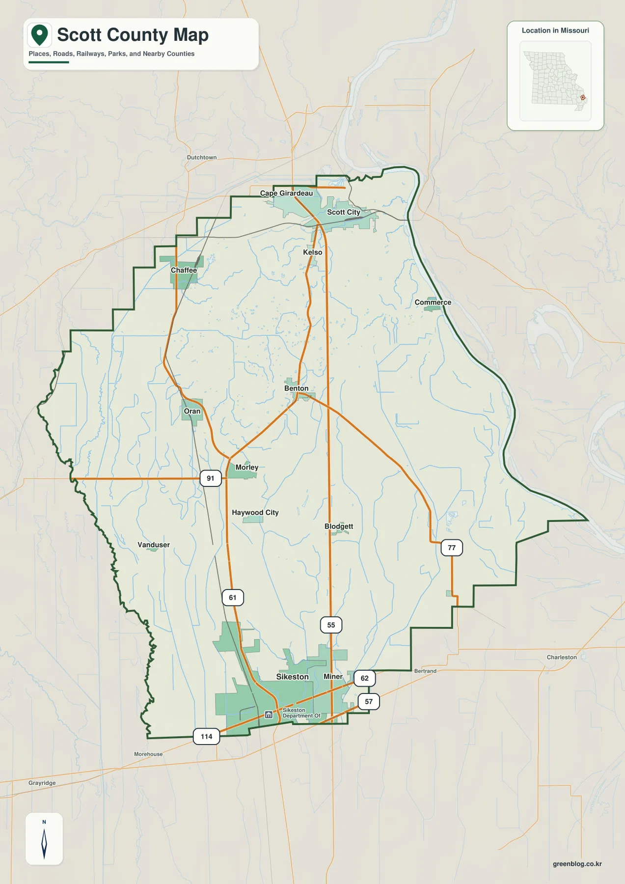 Scott County Missouri map showing Sikeston, Scott City, Chaffee, Benton, Oran, Interstate 55, U.S. 61, Route 77, and Route 91
