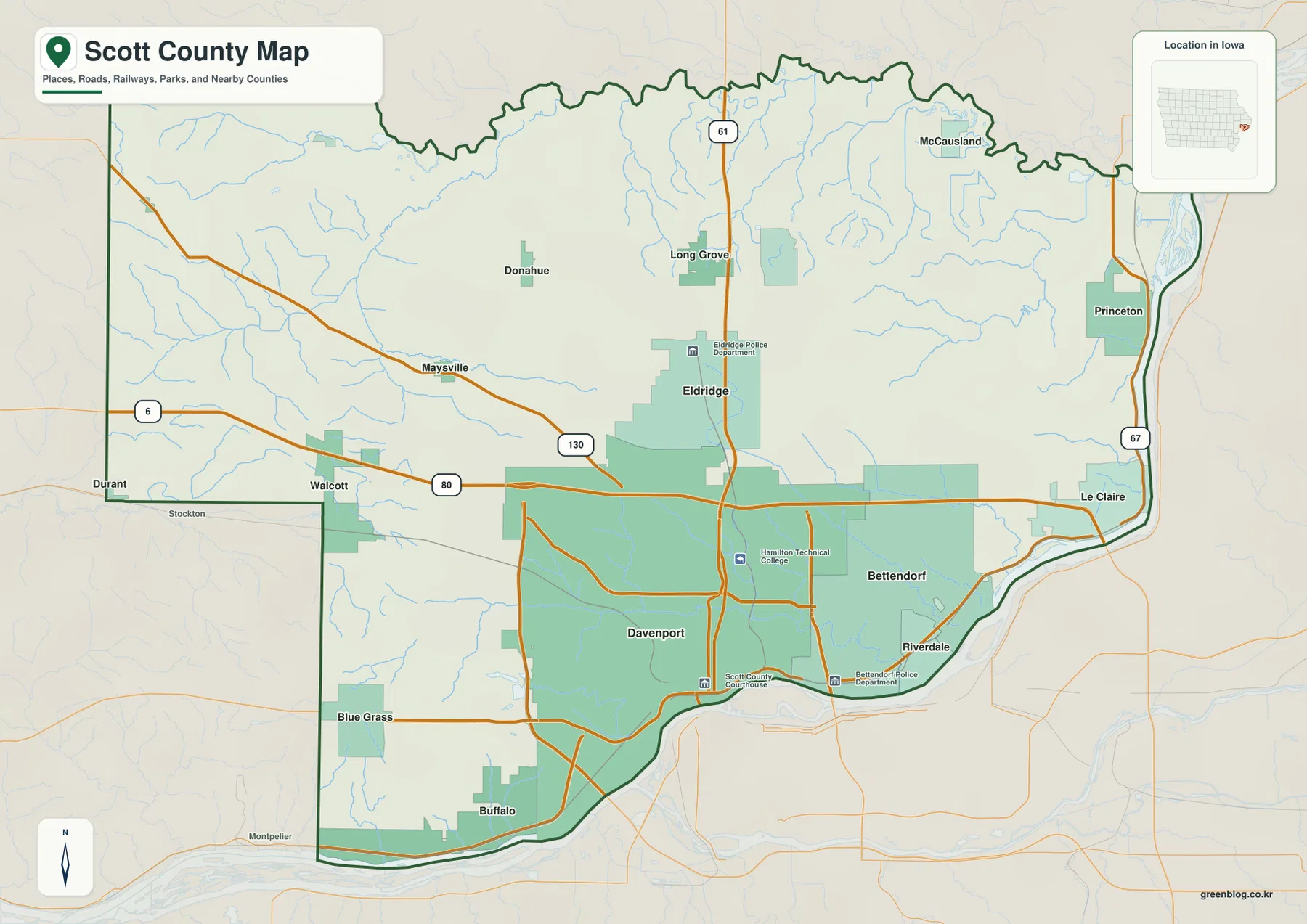 아이오와주 Scott County Davenport Bettendorf Eldridge I-80 U.S. 61 지도