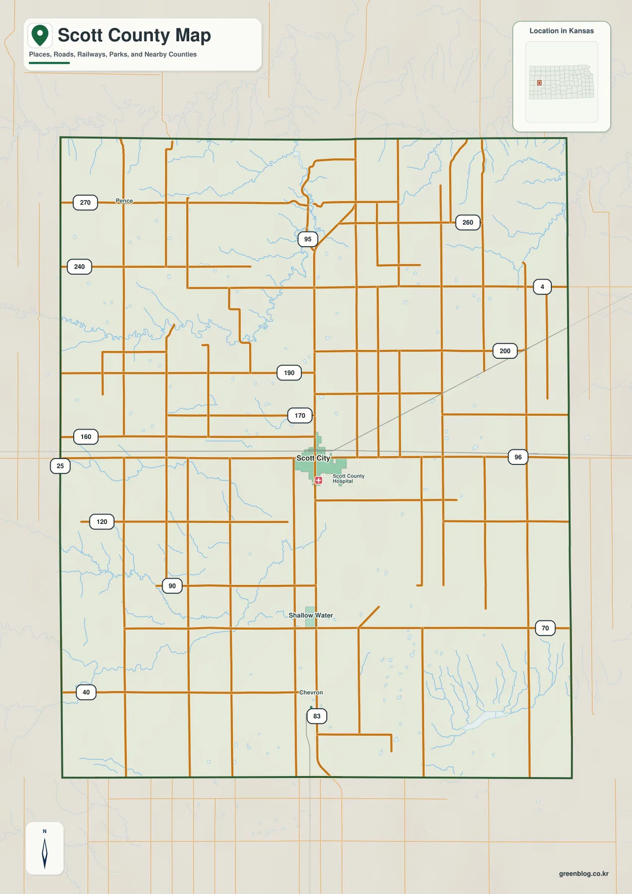 캔자스주 스콧 카운티 Scott City와 K-96, US 83, K-95 주요 도로 지도