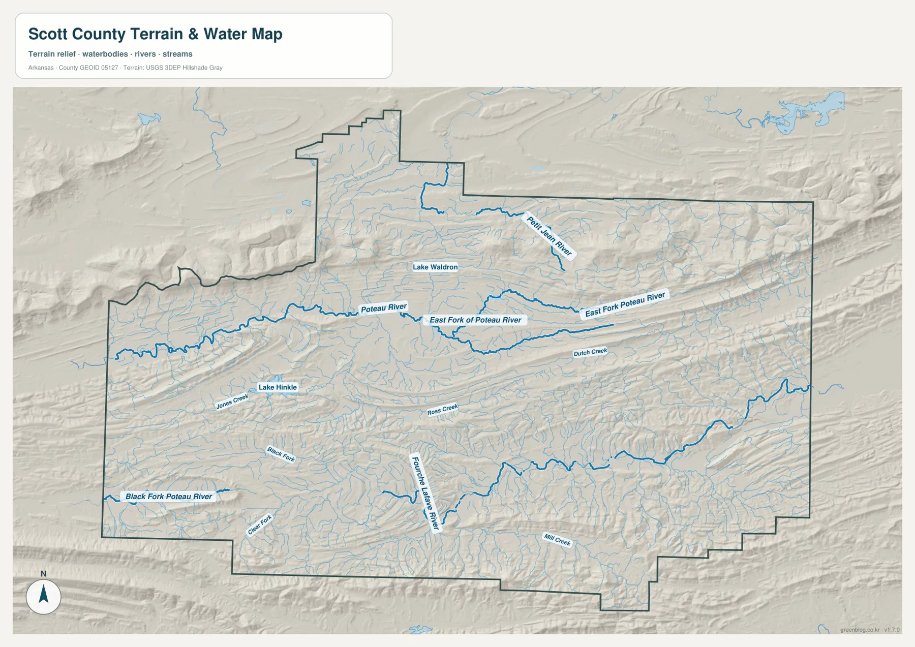 Scott County terrain and water map showing Poteau River, Petit Jean River, Fourche La Fave River, lakes and tributaries