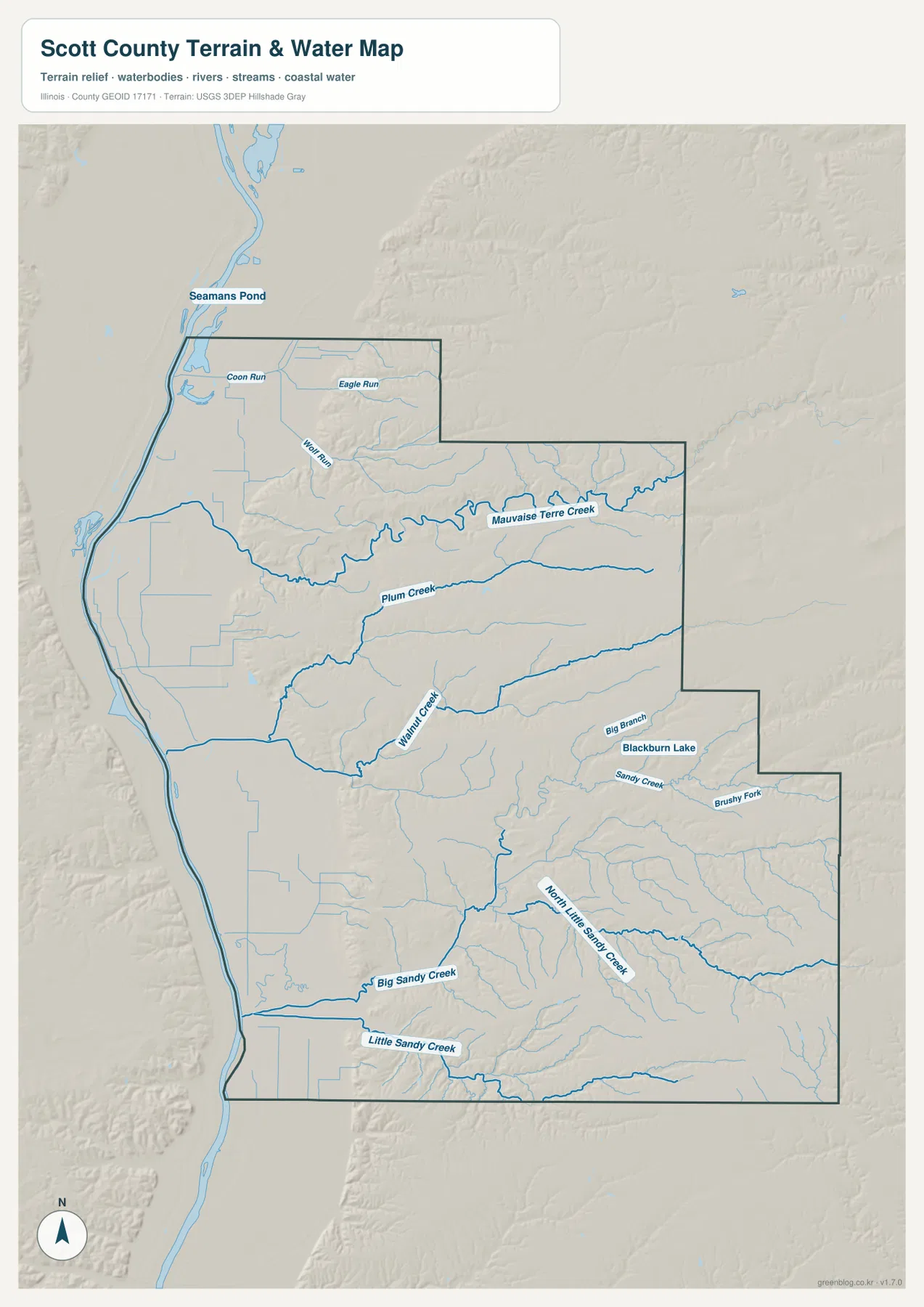 Mauvaise Terre Creek, Plum Creek, Walnut Creek, Big Sandy Creek, Blackburn Lake와 주요 물길을 보여 주는 Scott County 지형 수역 지도