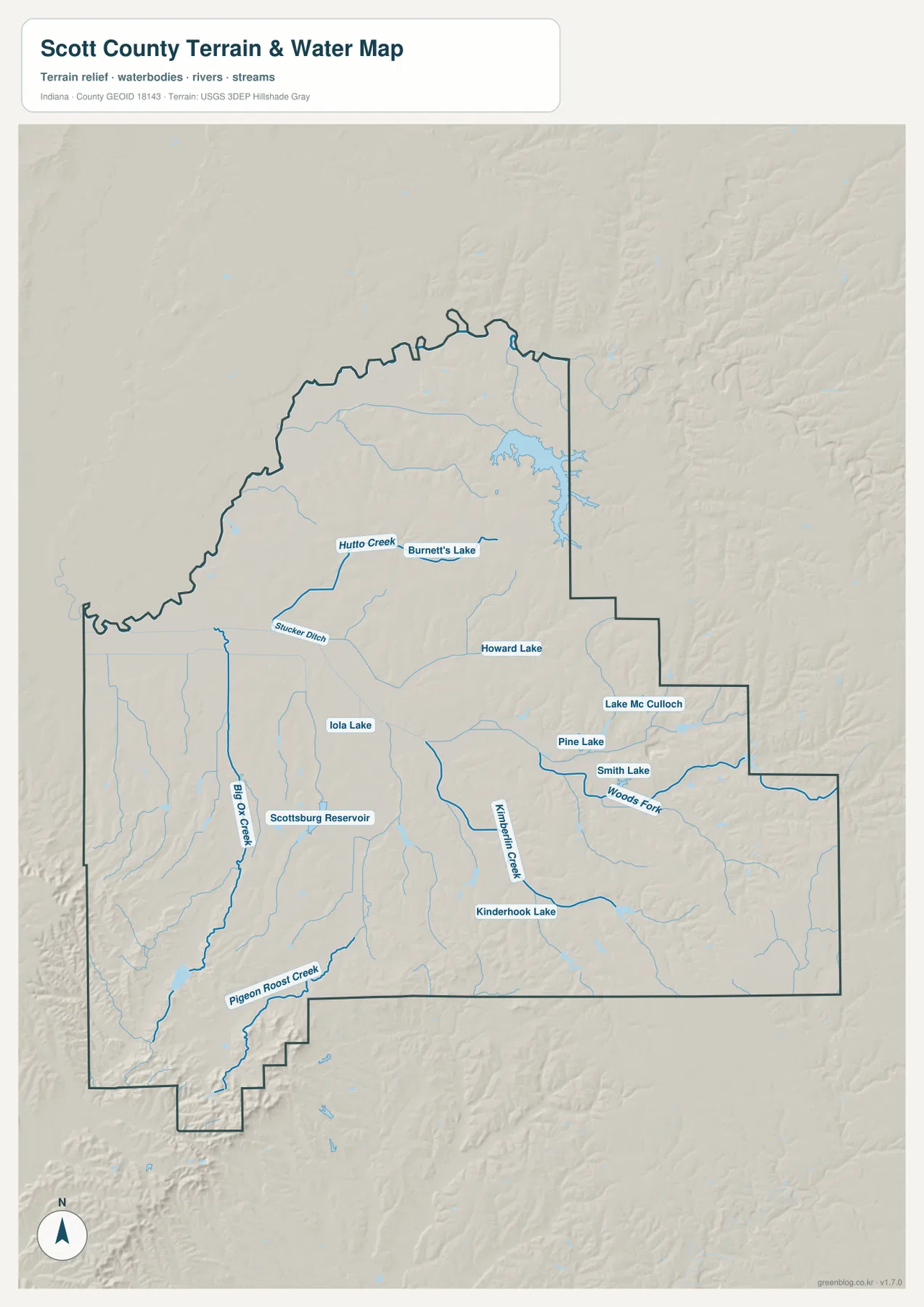 Scott County 수역 지도에 Big Ox Creek, Hutto Creek, Kimberlin Creek, Pigeon Roost Creek와 여러 호수와 저수지가 표시된 모습