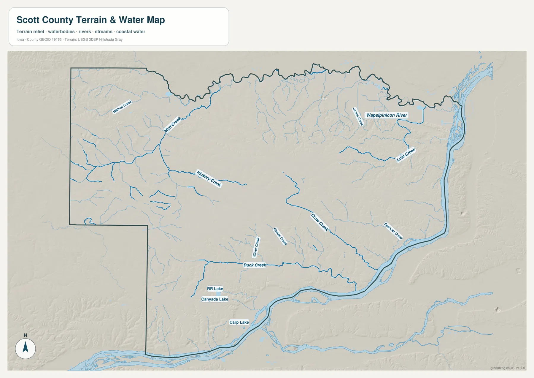 Scott County Iowa Mississippi River Wapsipinicon River Duck Creek 물 지형 지도