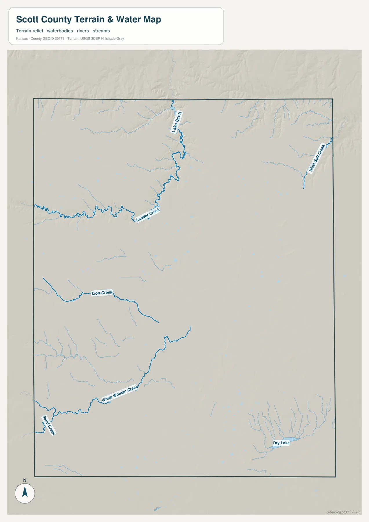 스콧 카운티 Lake Scott, Ladder Creek, West Salt Creek, Lion Creek, White Woman Creek와 Dry Lake 수역 지도