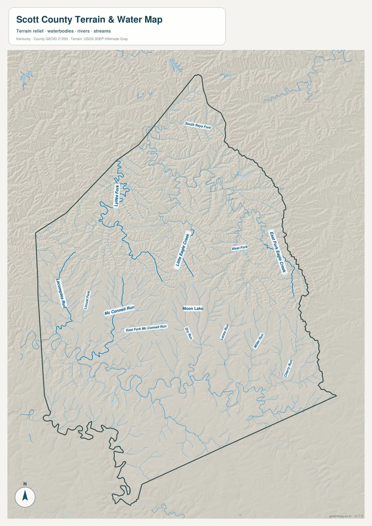 Scott County Kentucky의 East Fork Eagle Creek, Little Eagle Creek, Lytles Fork와 여러 지류를 표시한 수역·지형 지도