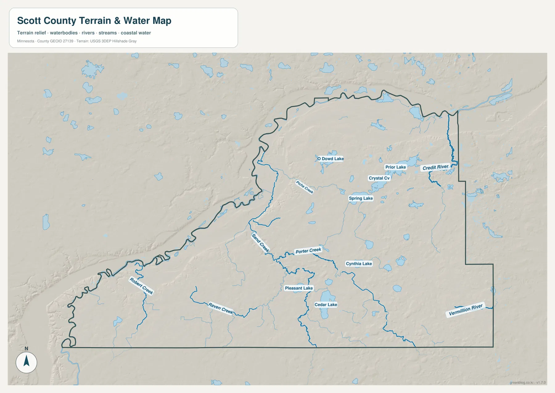 Scott County의 Minnesota River, Sand Creek, Credit River, Prior Lake, Spring Lake, Cedar Lake를 보여 주는 수역 지도