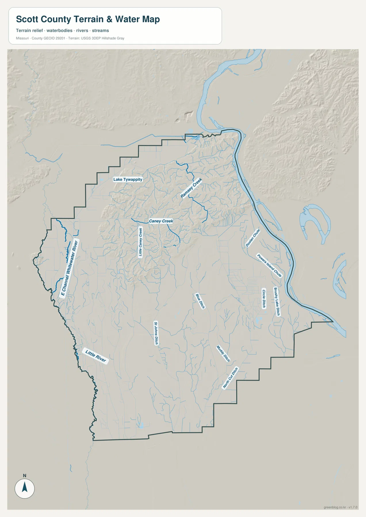 Scott County terrain and water map showing Mississippi River, East Channel Whitewater River, Little River, Ramsey Creek, Caney Creek, and St. Johns Diversion Ditch