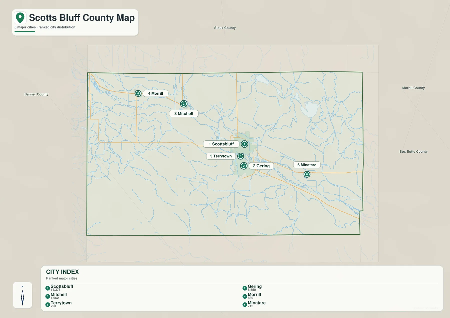 Scottsbluff, Gering, Mitchell, Morrill, Terrytown, Minatare의 위치를 보여 주는 Scotts Bluff County 도시 지도