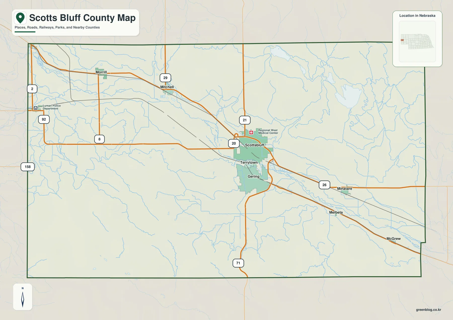 Scottsbluff, Gering, Mitchell, Morrill, Minatare와 주요 도로를 표시한 Scotts Bluff County 지도