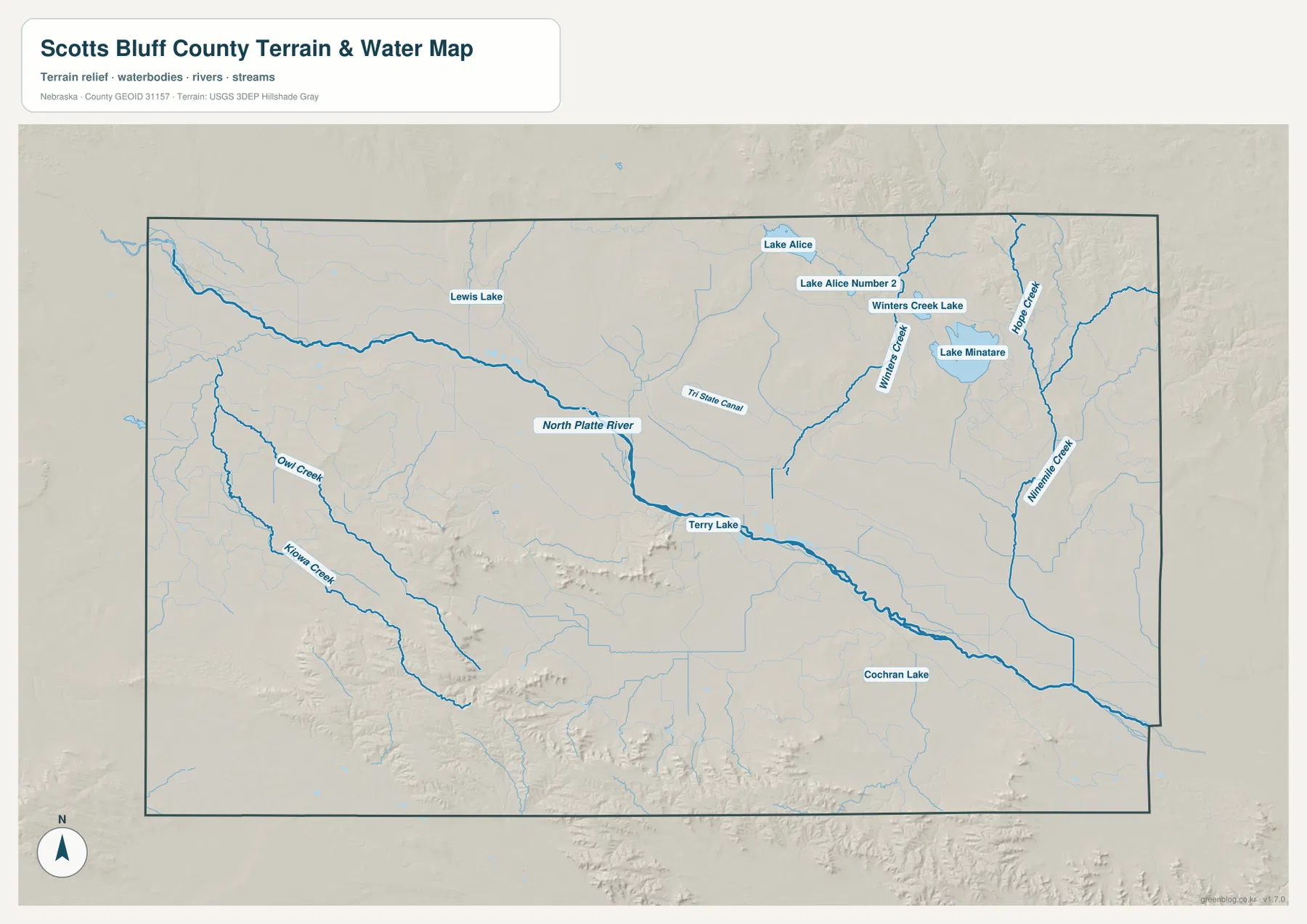 North Platte River, Winters Creek, Horse Creek, Owl Creek, Lake Minatare를 표시한 Scotts Bluff County 물길 지도