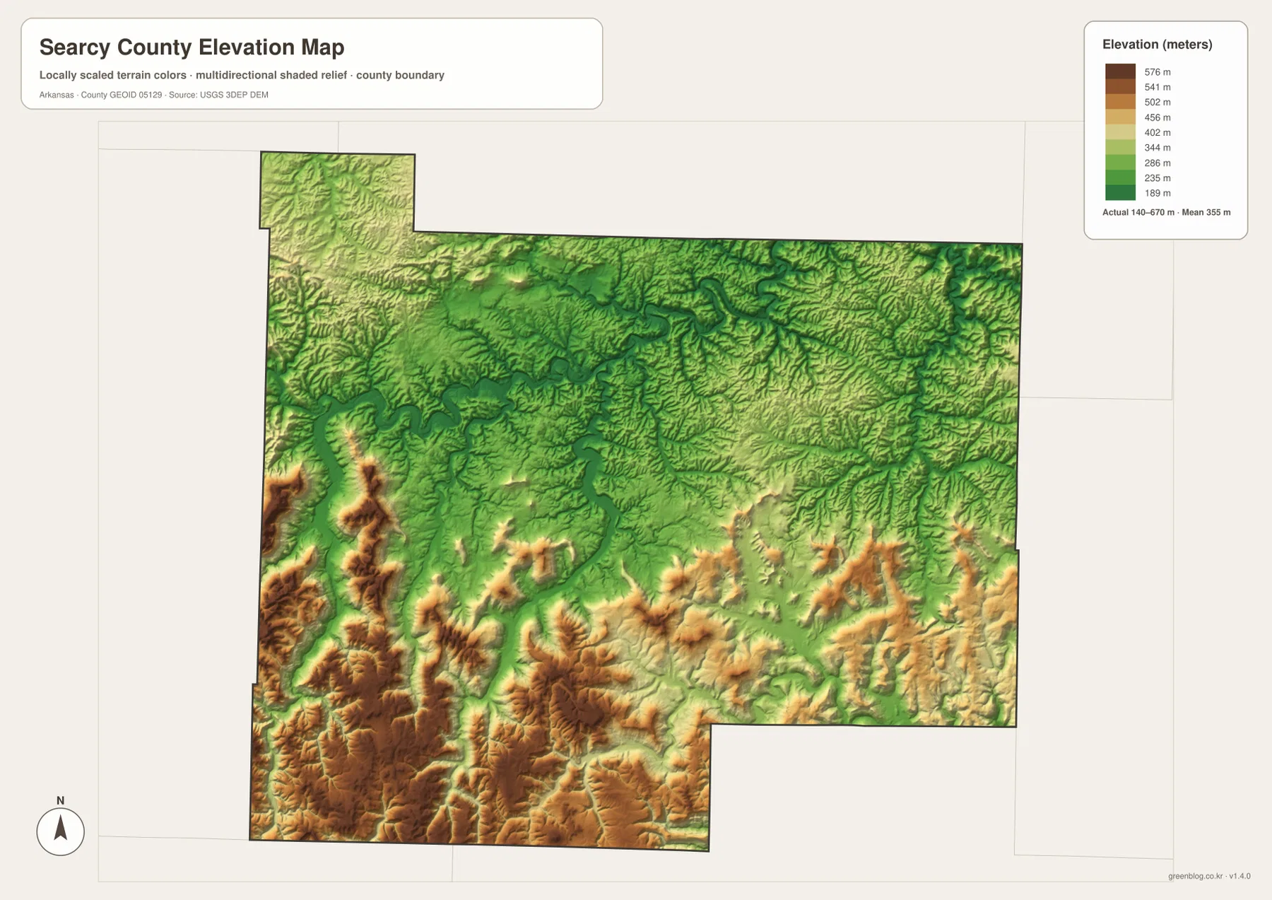 Searcy County elevation map showing high southern Ozark ridges and lower Buffalo River valleys