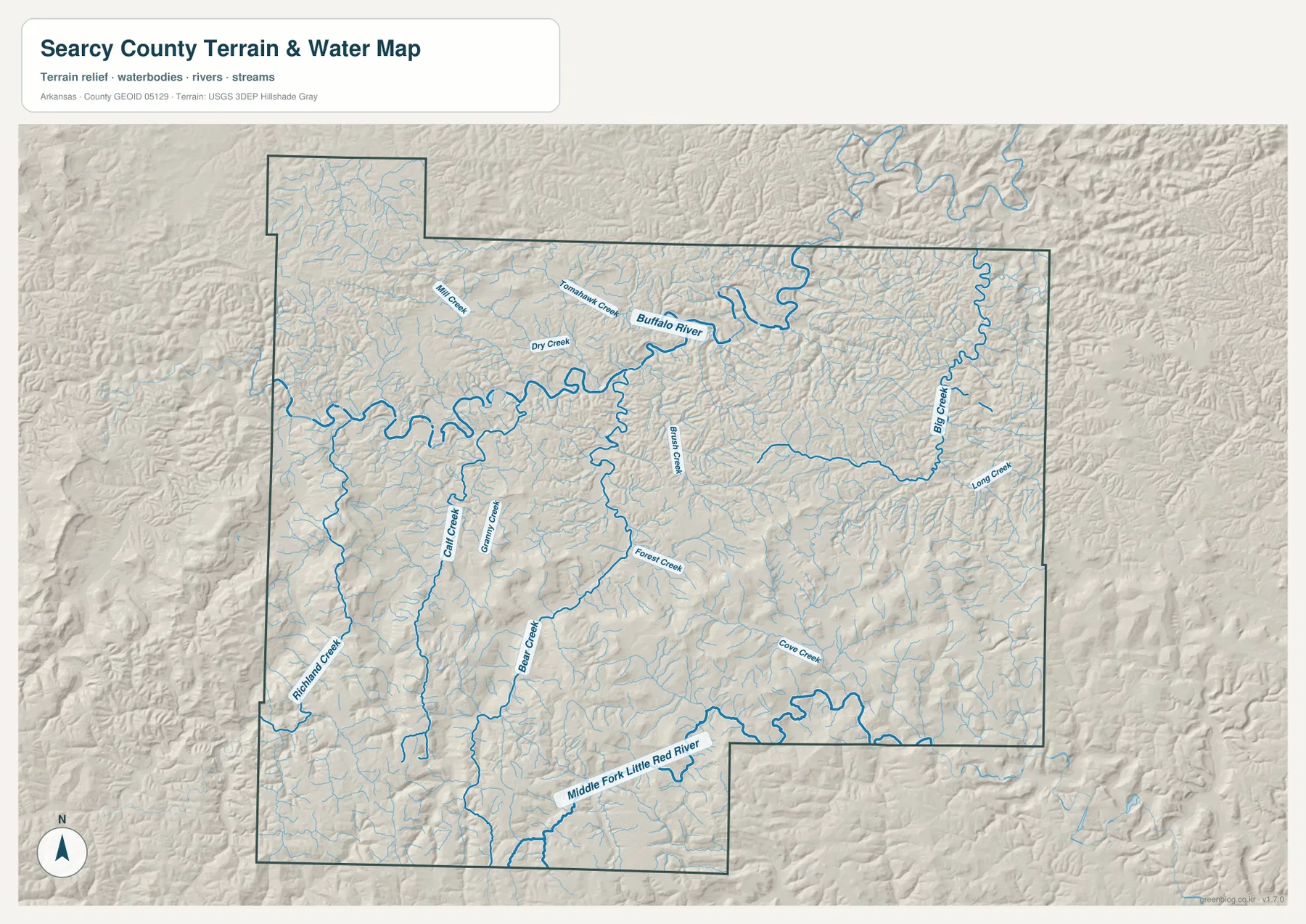 Searcy County terrain and water map showing Buffalo River, Middle Fork Little Red River, and named creeks